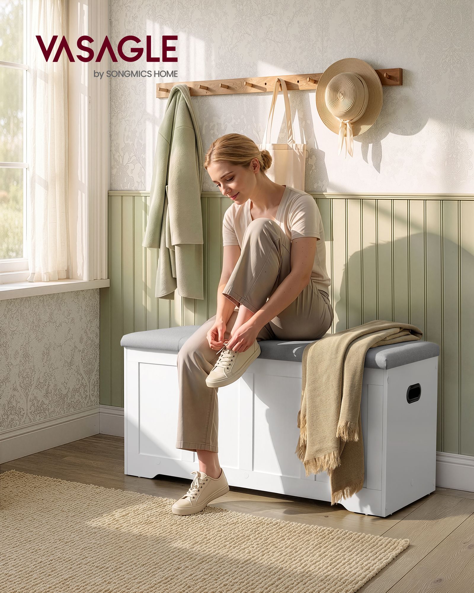 Cloud white and dove grey farmhouse storage chest with lid and safety hinges