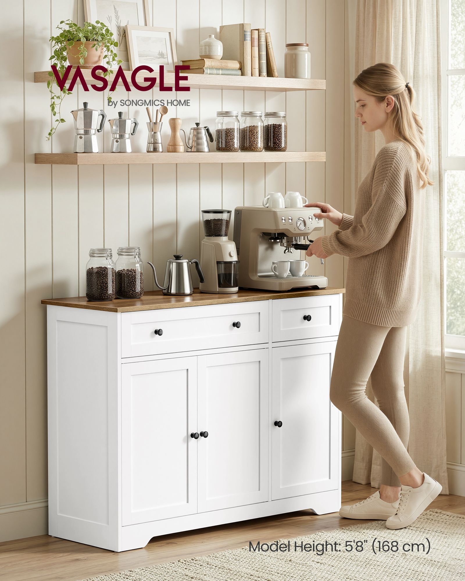 Sideboard with 3 doors 2 drawers and adjustable shelves cloud white and honey brown