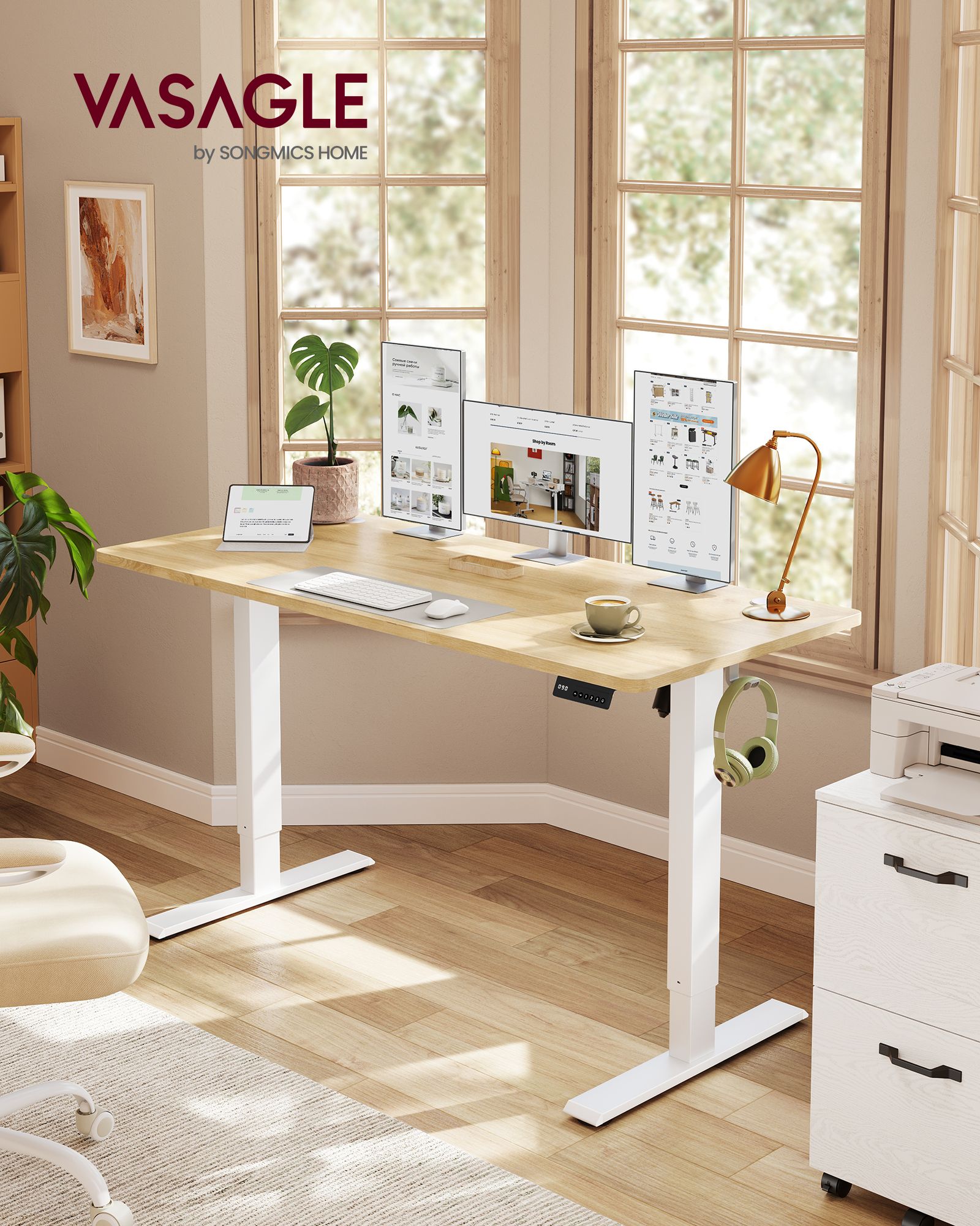 Golden oak and matte white electric height adjustable standing desk with 4 memory heights and sedentary reminder