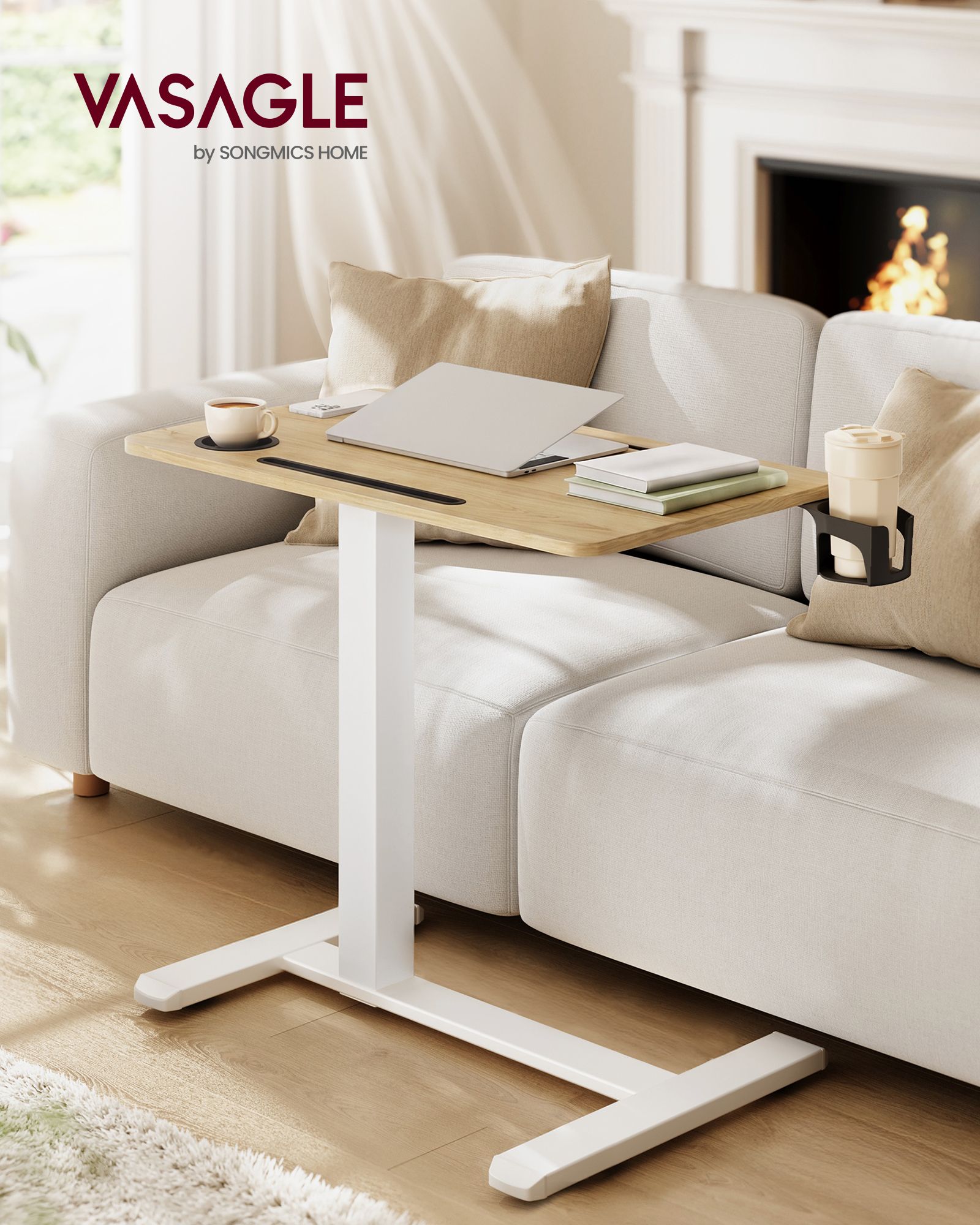 Golden Oak and Matte White Adjustable Overbed Table with Wheels