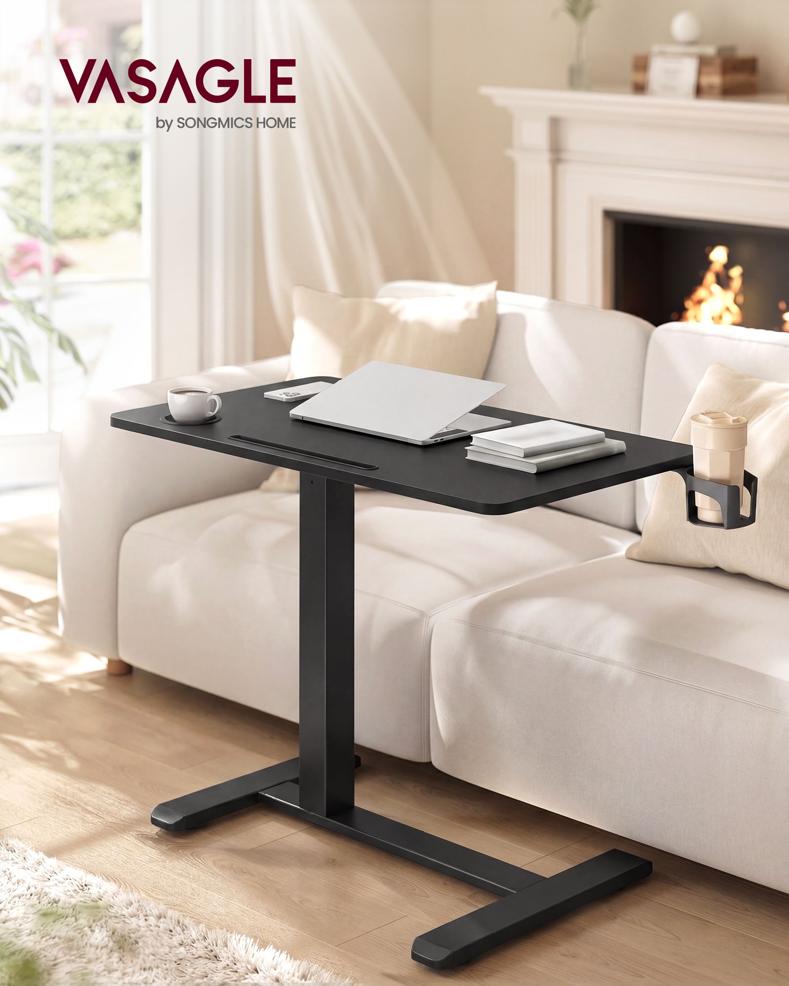 Ink Black Adjustable Overbed Table with Wheels and Slots