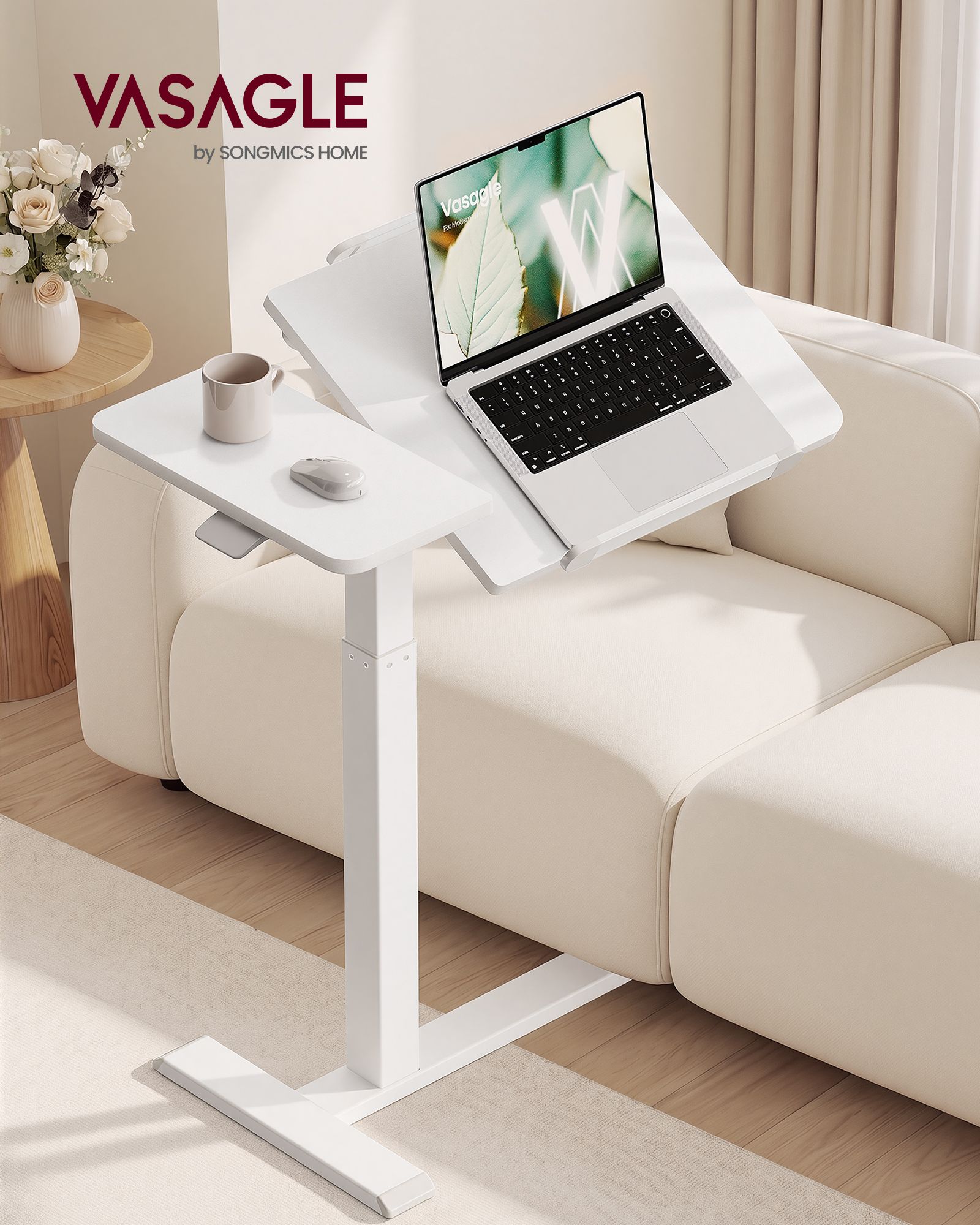 Cloud white pneumatic height adjustable tiltable overbed laptop table with wheels