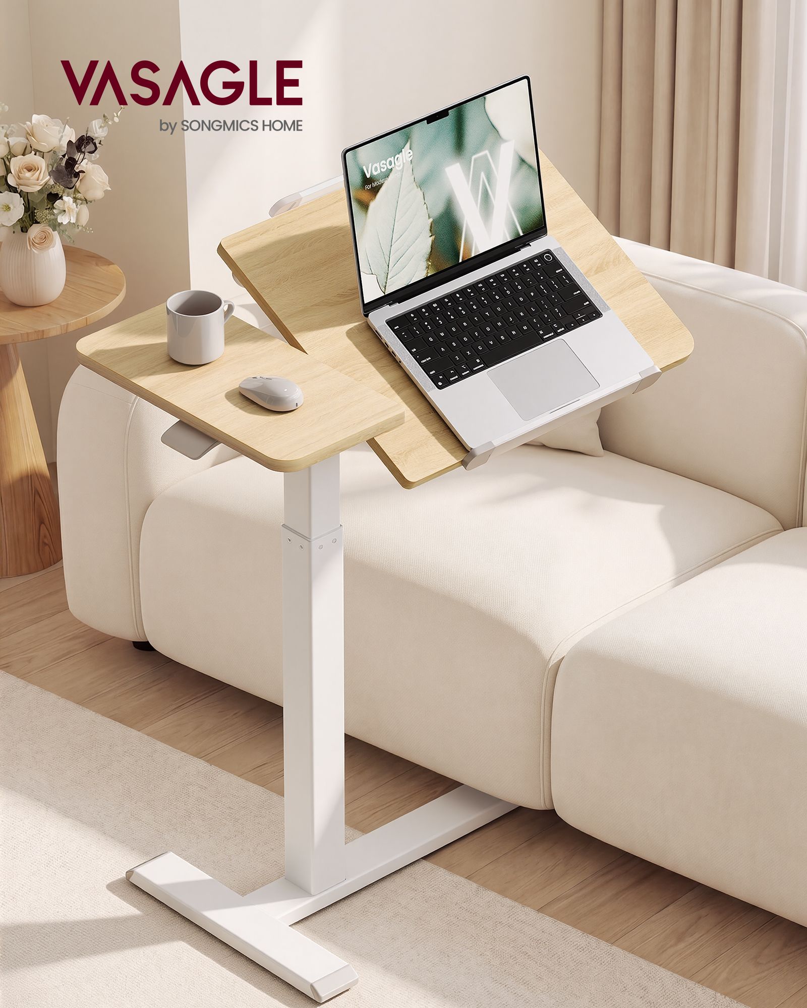 Golden oak and white pneumatic height adjustable tiltable overbed laptop table with wheels Golden oak and white pneumatic height adjustable tiltable overbed laptop table with wheels