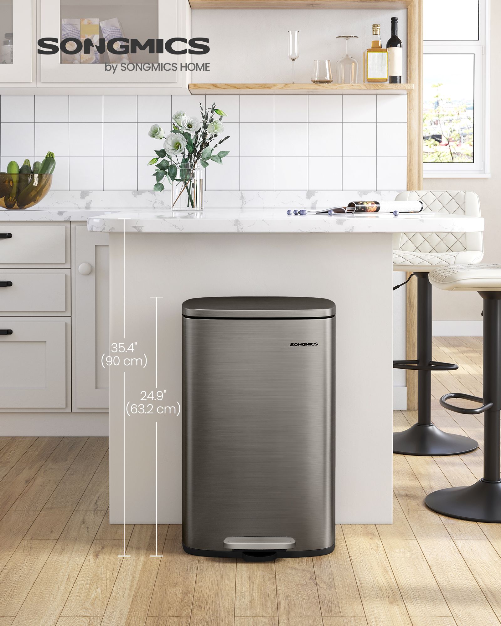 50 L grey stainless steel kitchen bin with soft close lid