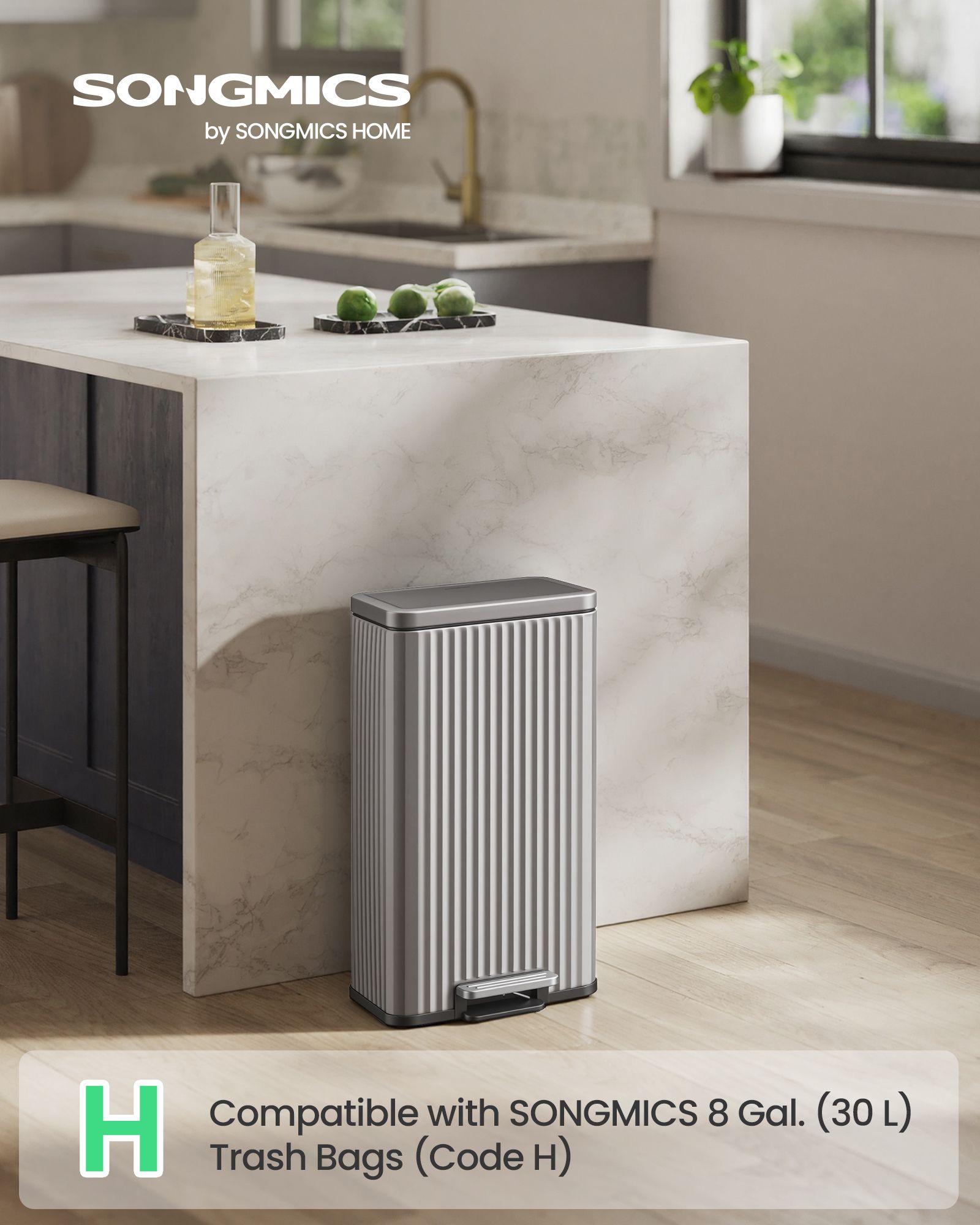 Silver 30 L Steel Kitchen Bin with Soft Close Pedal Lid