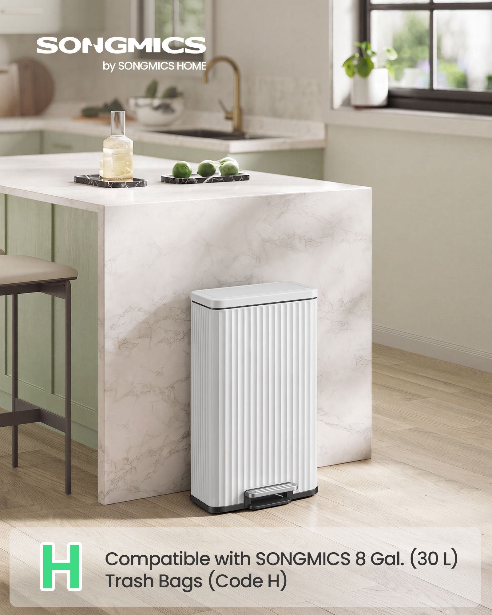 White 30 L Kitchen Bin with Pedal and Soft Close Lid