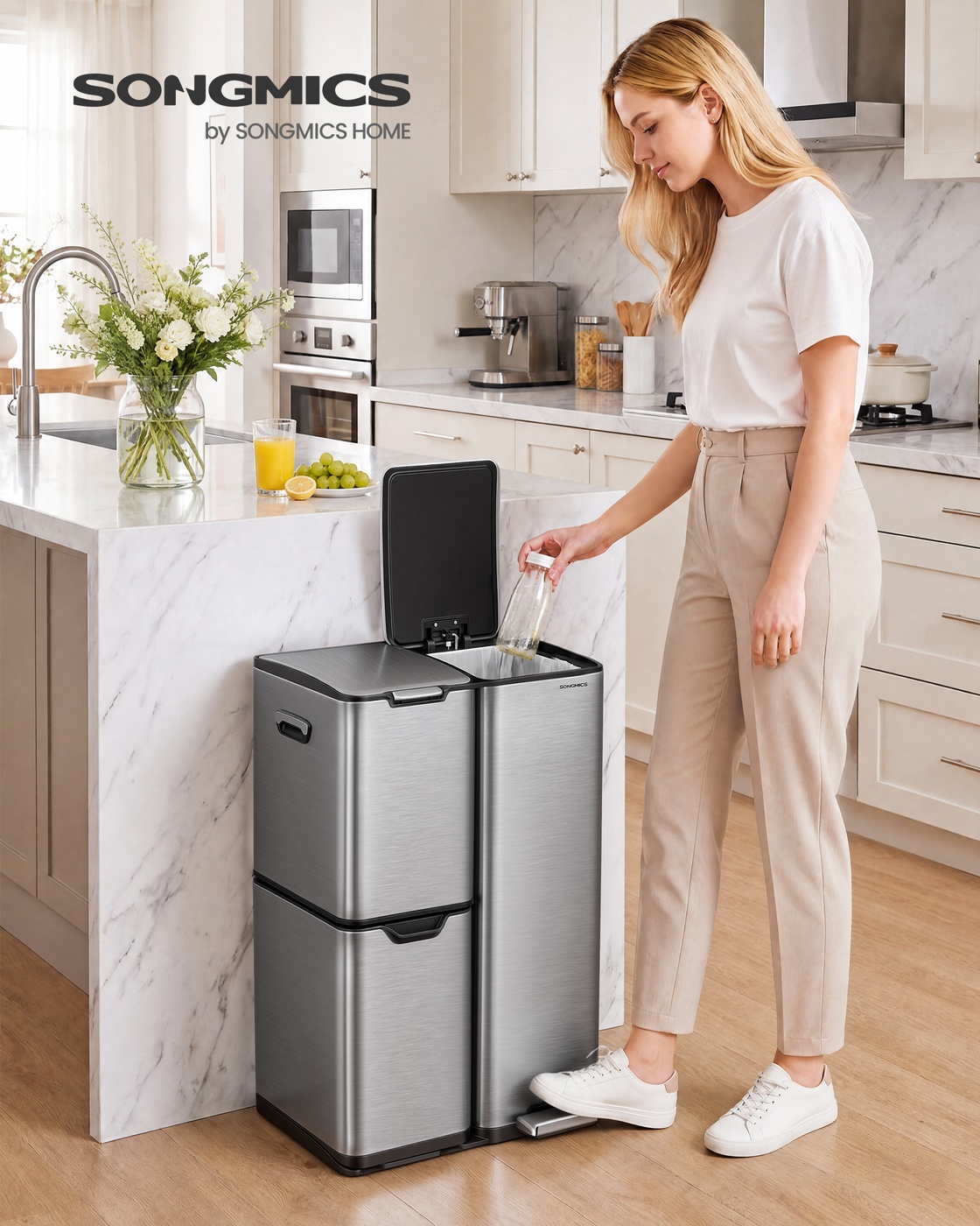 Silver 60L steel recycling pedal bin with three compartments