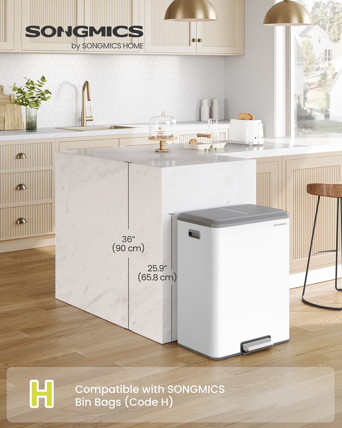 White 60L steel pedal kitchen bin with soft-close lid and 2 inner buckets