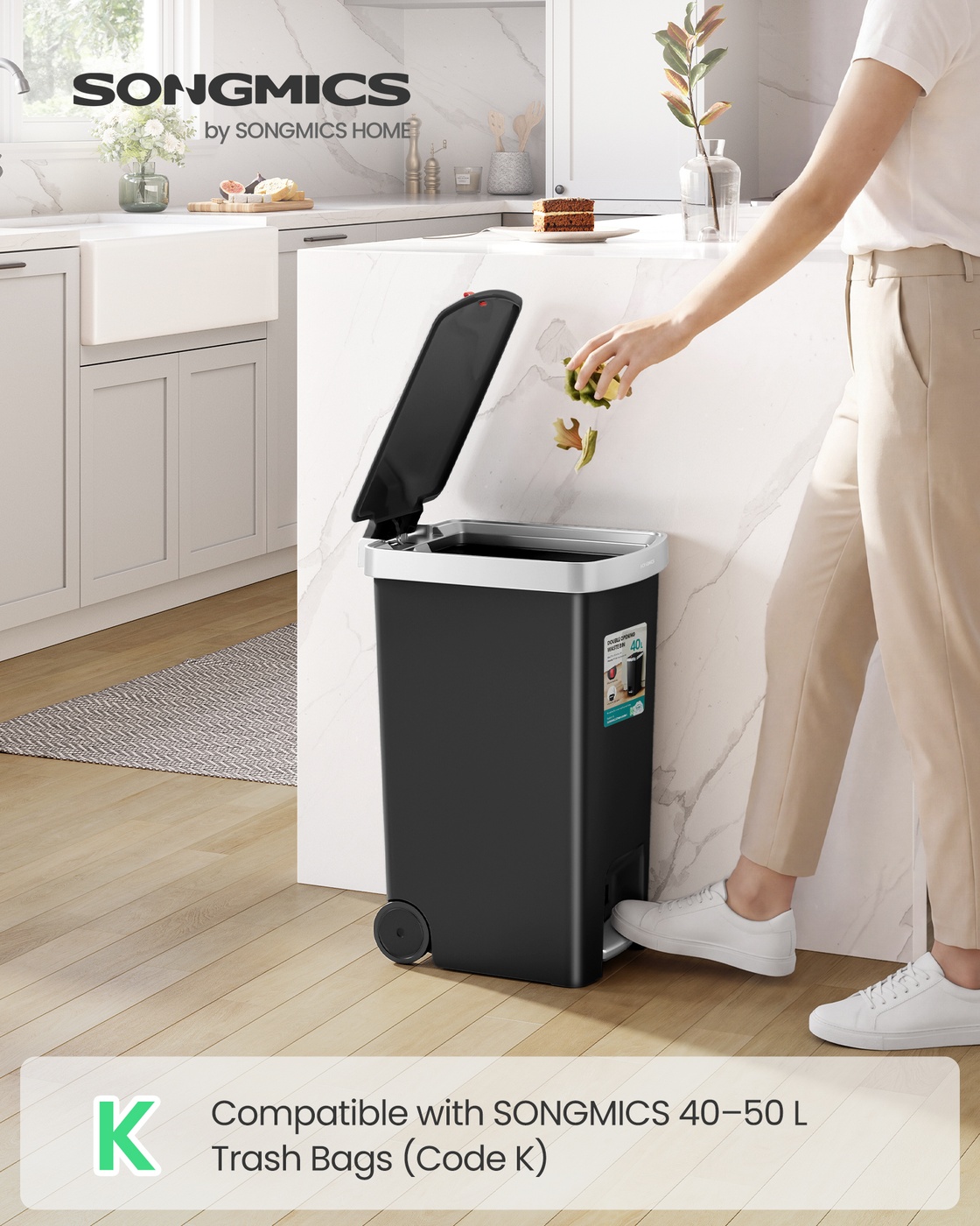 40 L slim plastic pedal kitchen bin with wheels and soft-close lid black