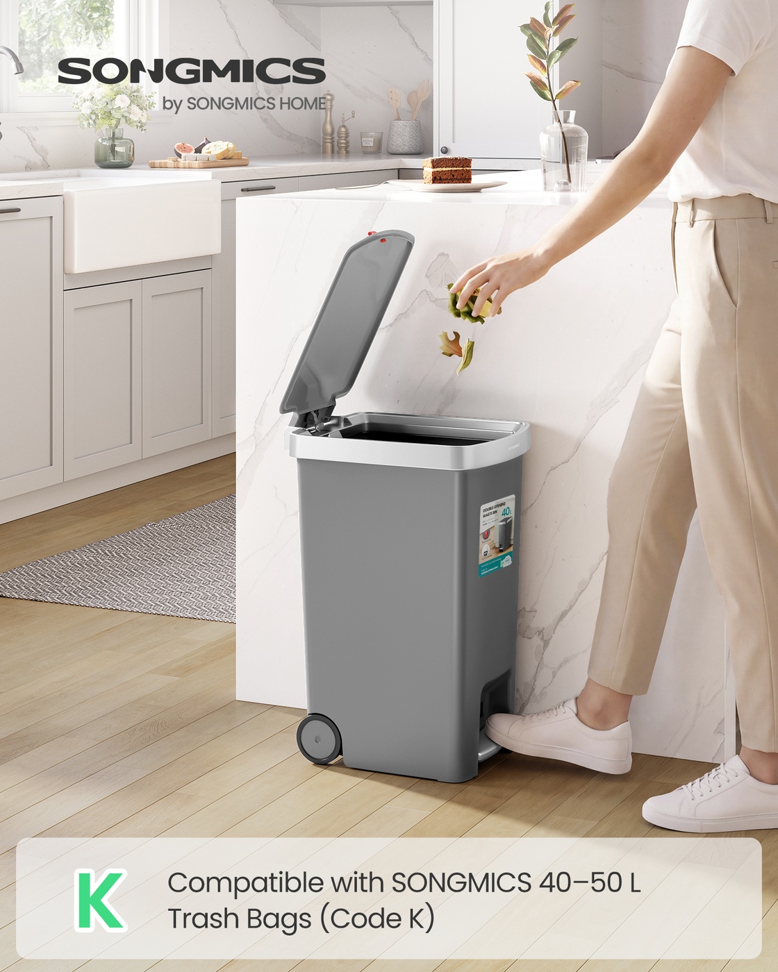 40 L slim plastic kitchen bin with wheels and soft-close lid grey 40 L slim plastic kitchen bin with wheels and soft-close lid grey