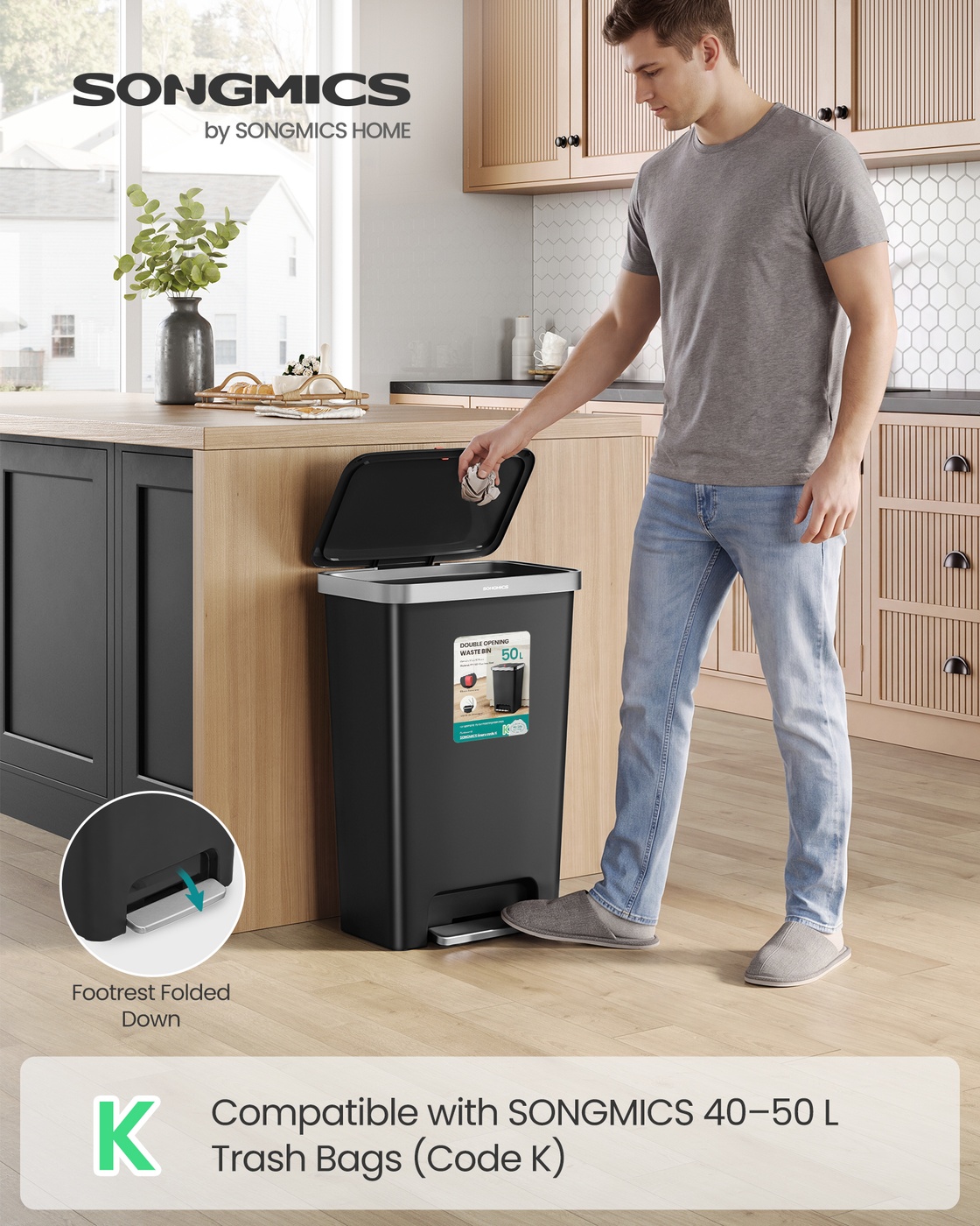 50 L slim plastic pedal kitchen bin with soft-close lid black 50 L slim plastic pedal kitchen bin with soft-close lid black
