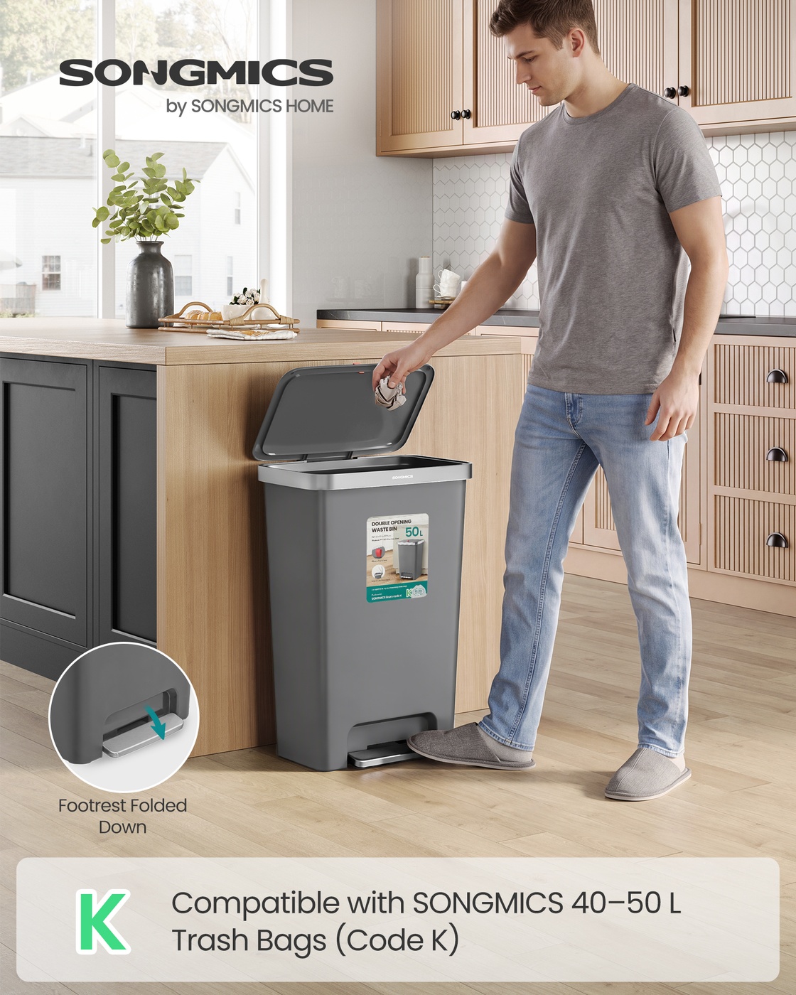 50 L slim plastic pedal kitchen bin with soft-close lid grey 50 L slim plastic pedal kitchen bin with soft-close lid grey