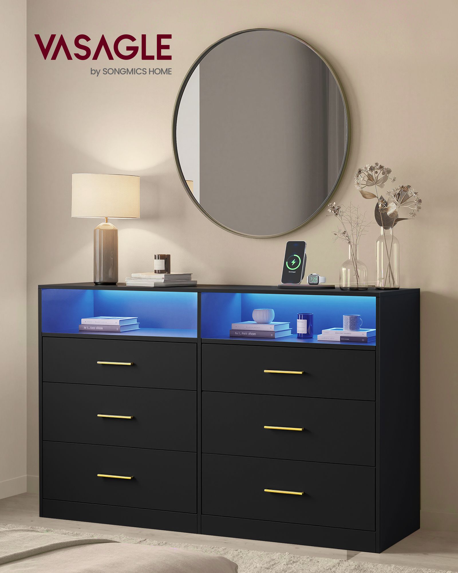 Ink black 6-drawer chest of drawers TV stand