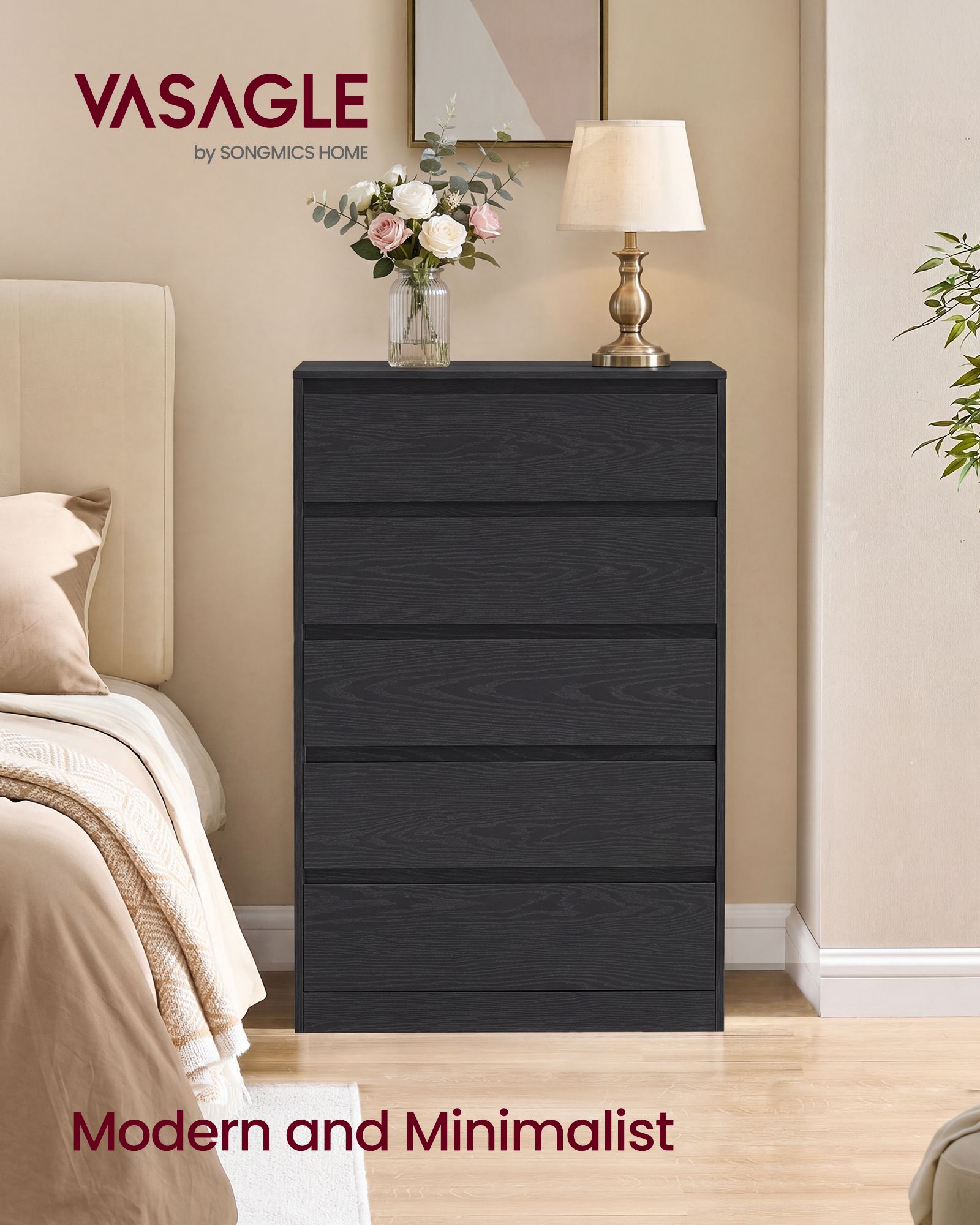 Ebony Black Five Drawer Bedroom Storage Cabinet