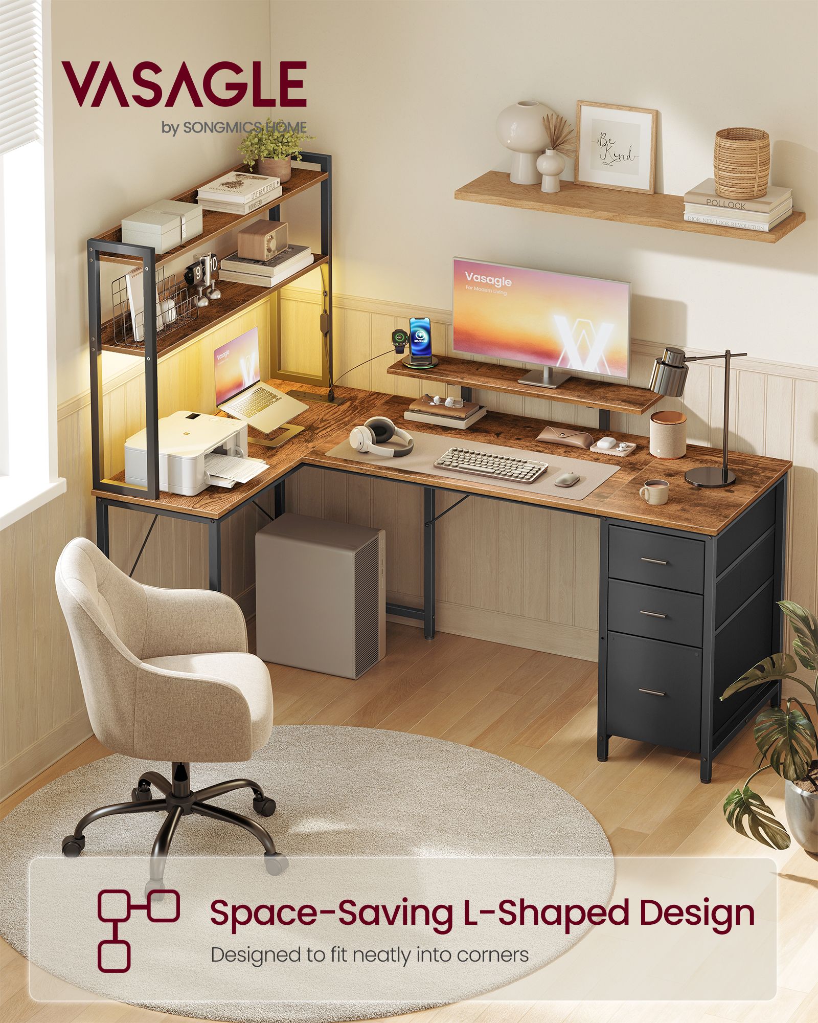 Rustic brown and matte black L shaped gaming desk with LED lights power outlets and 3 drawers Rustic brown and matte black L shaped gaming desk with LED lights power outlets and 3 drawers
