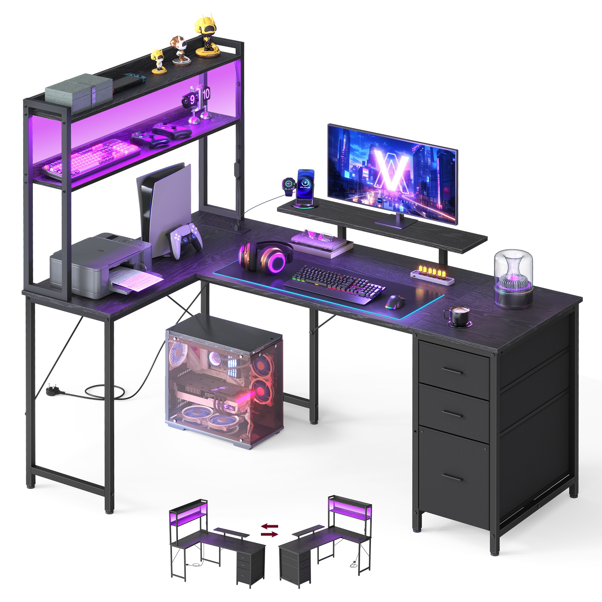 L Shaped LED Desk with Drawers 160 x 100 x 150 cm Black