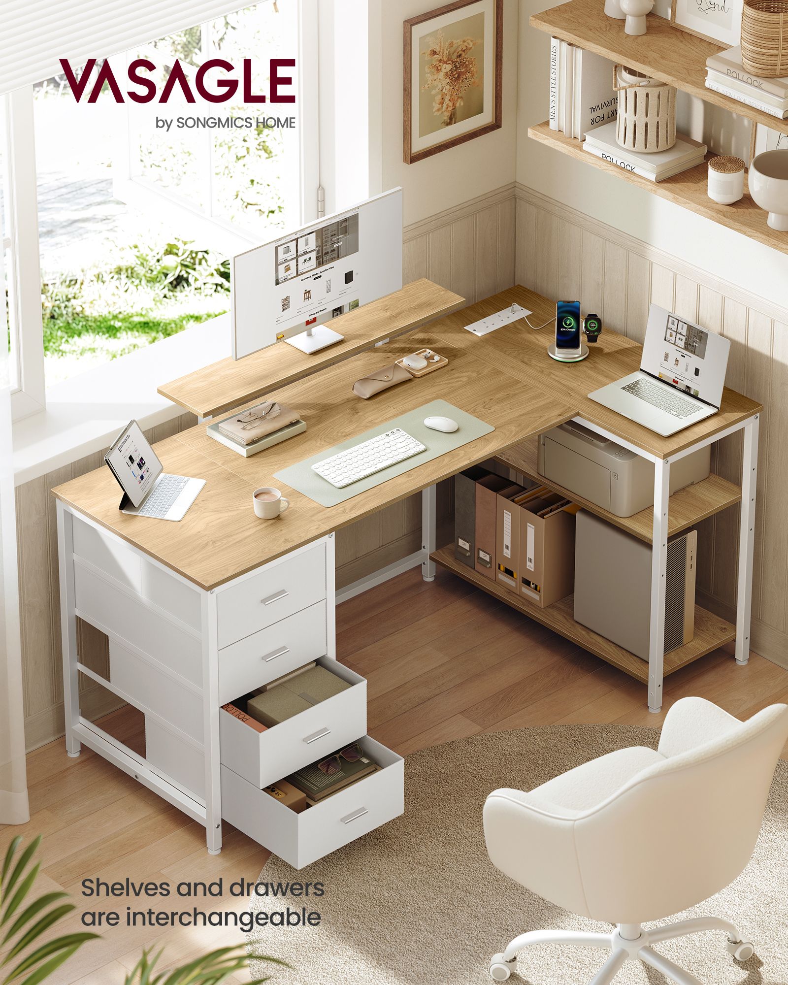 L-shaped corner desk with power outlets 4 drawers reversible layout and adjustable shelves