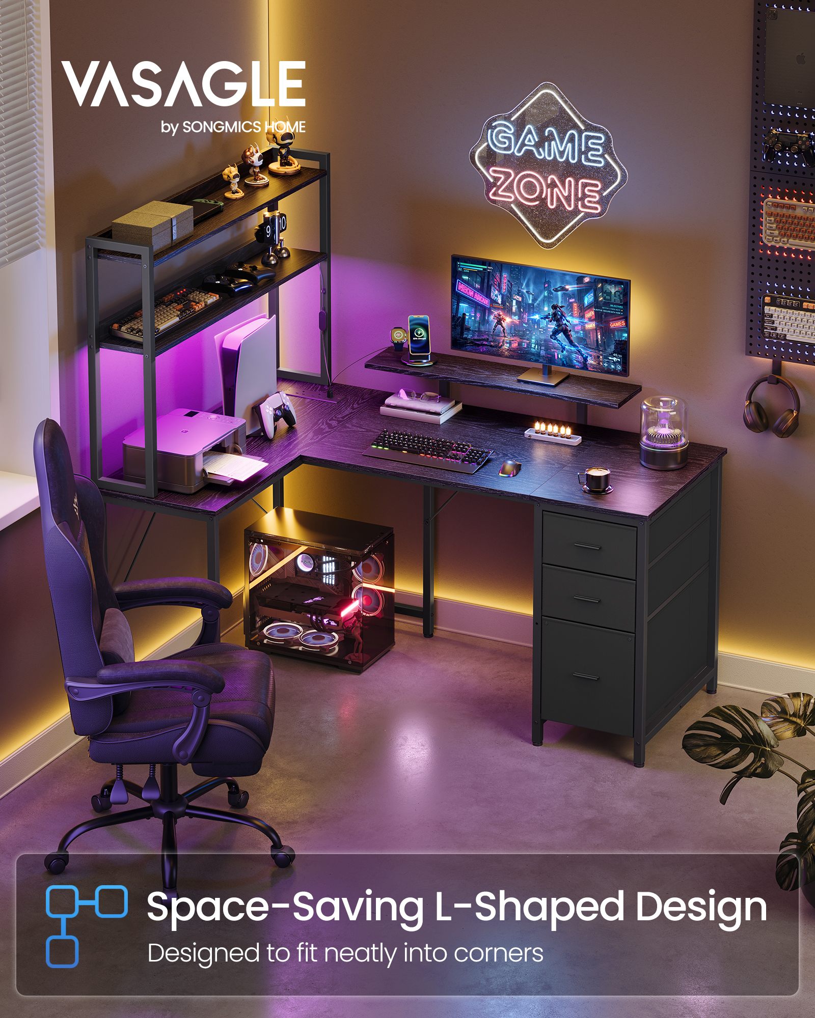 L-shaped gaming desk with LED lights power outlets 3 drawers and monitor stand ebony black and matte black