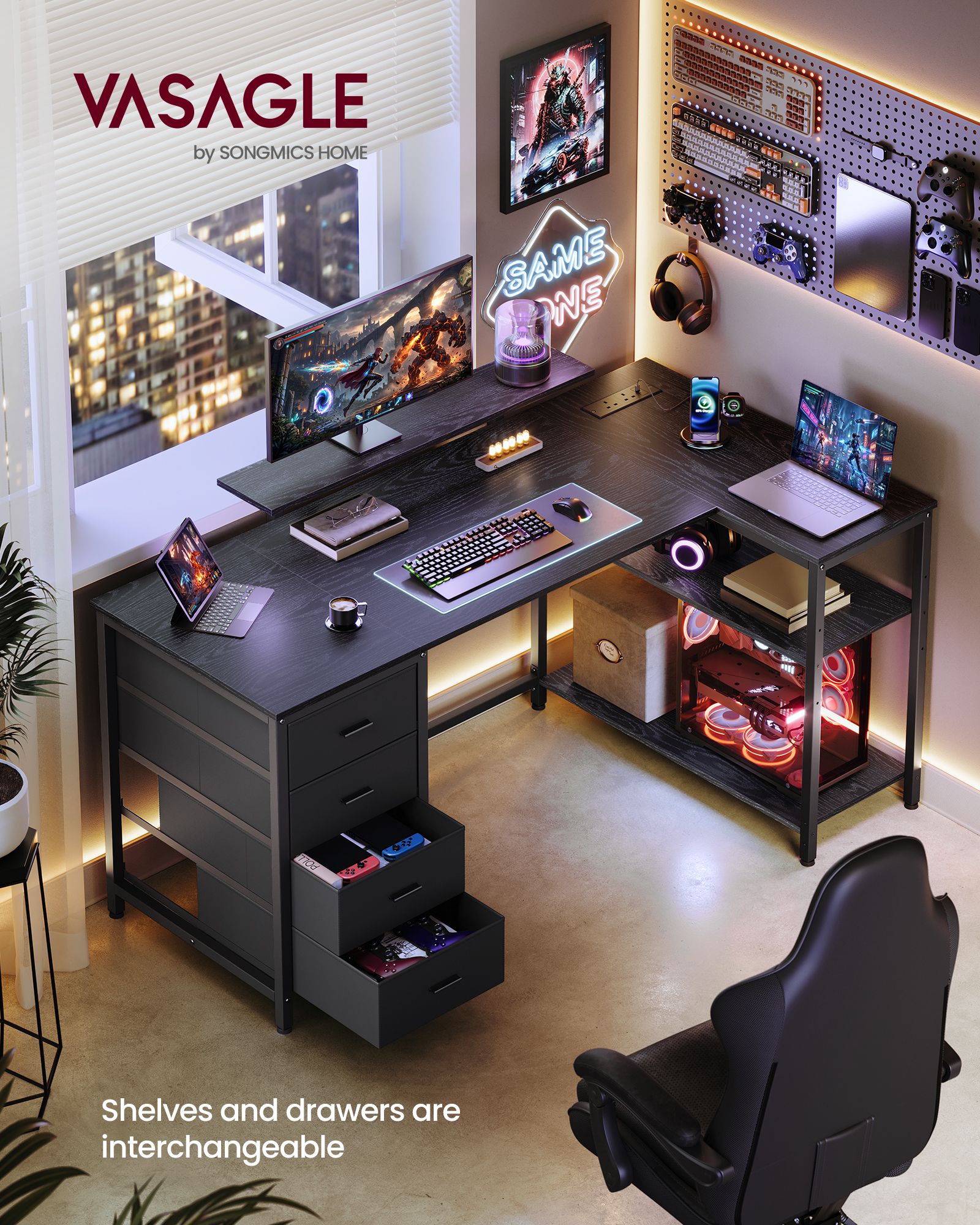 Reversible L Shaped Desk with Four Drawers and Power Outlets Reversible L Shaped Desk with Four Drawers and Power Outlets