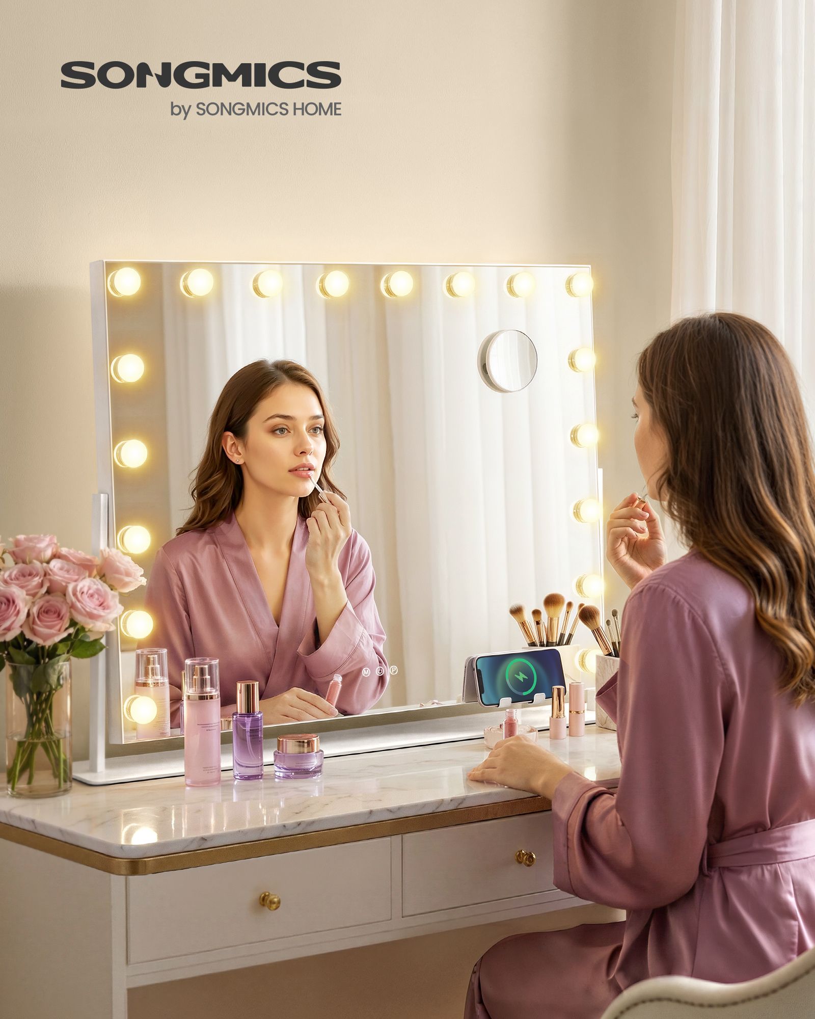 Vanity makeup mirror with 18 dimmable LED bulbs charging ports 360° rotation and 10x magnifying mirror 80 x 64.5 cm