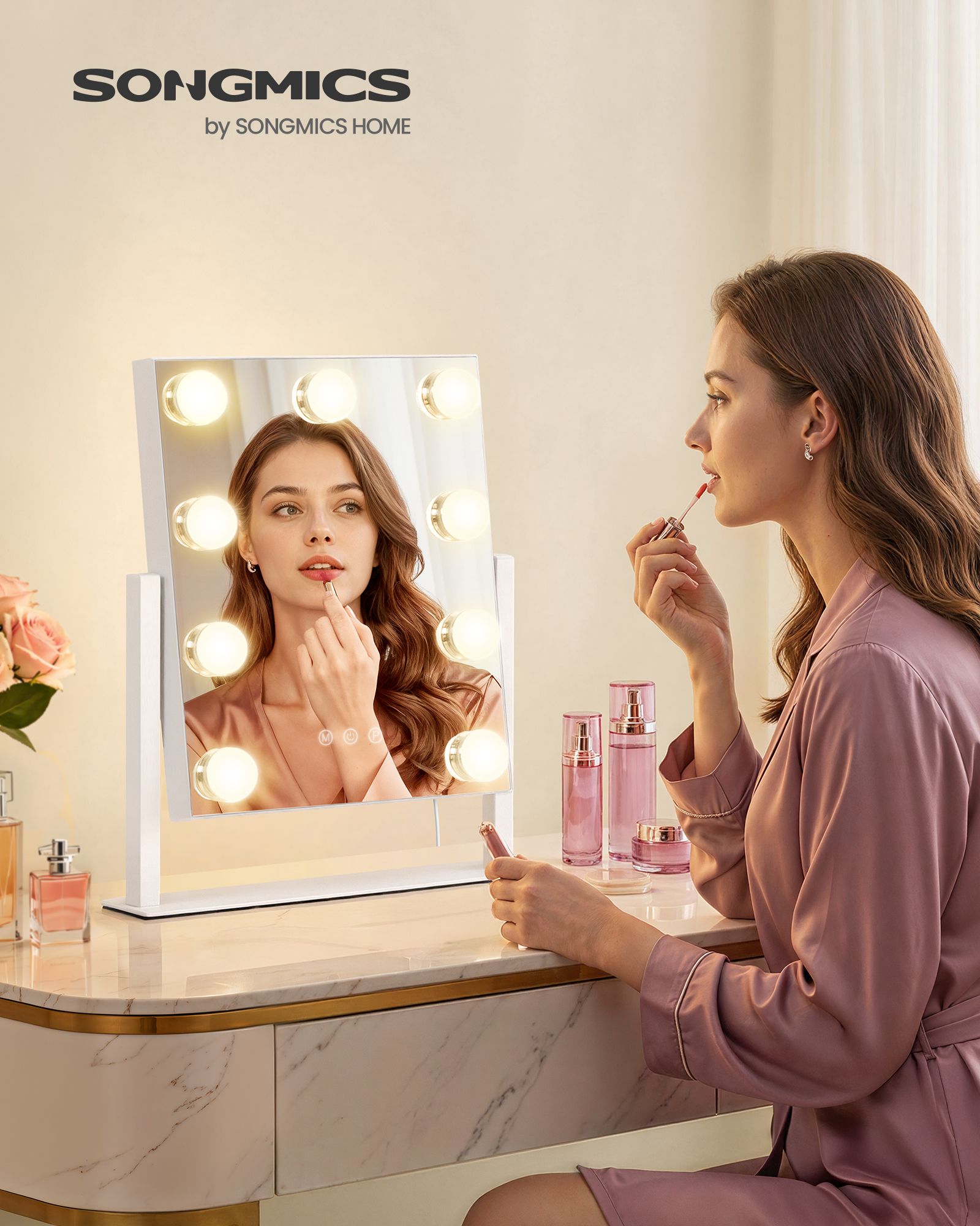 Compact vanity makeup mirror with 18 dimmable LED bulbs 360° rotation and 10x magnifying mirror