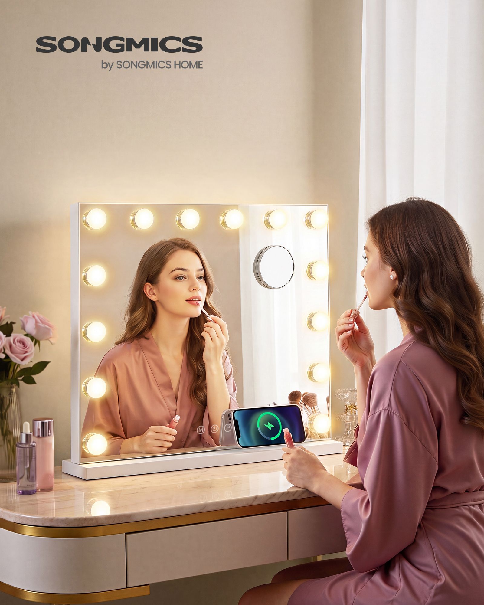 Matte White Vanity Mirror with 14 LED Lights and USB Ports