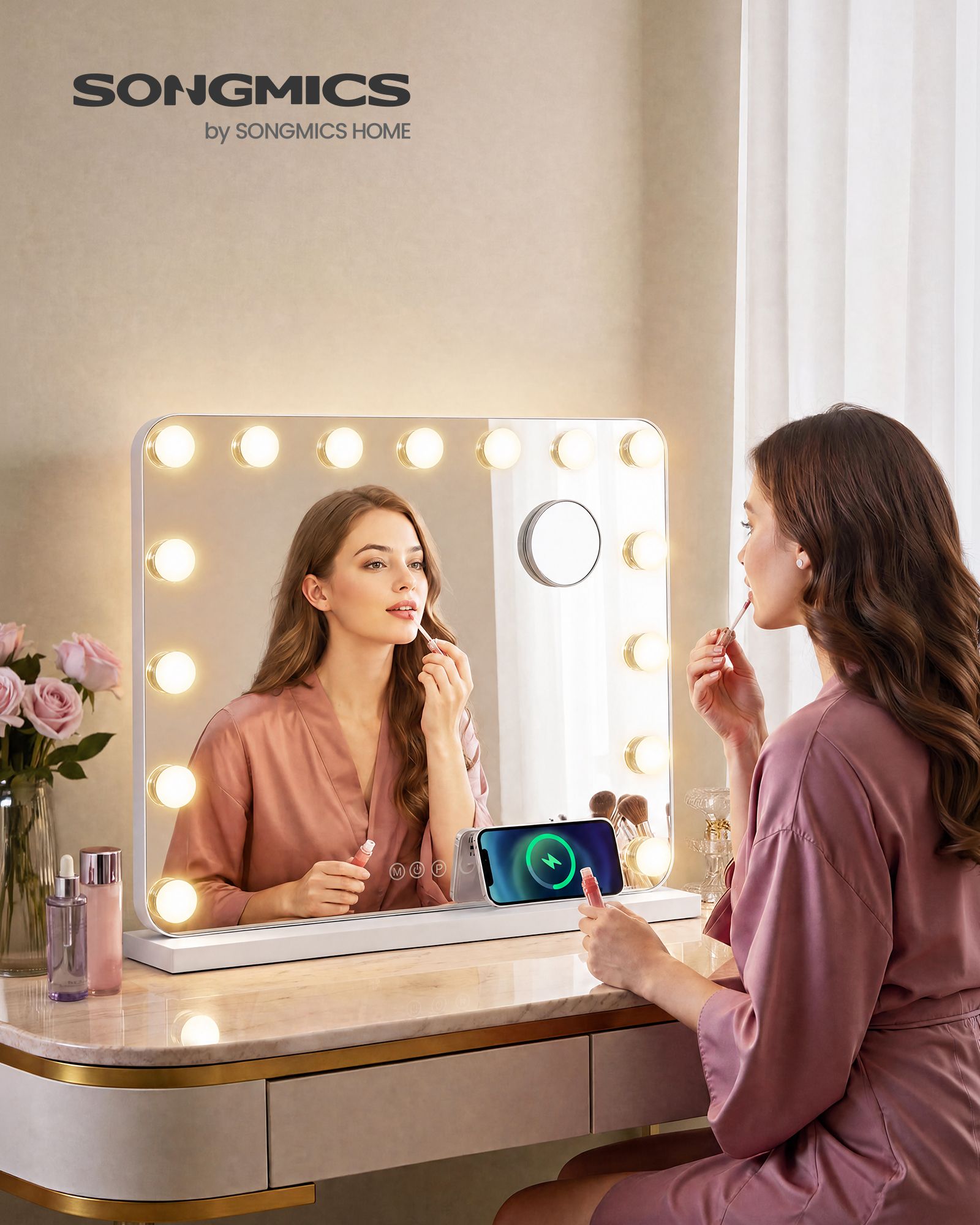 Matte White Vanity Mirror with 15 LED Lights and USB Ports