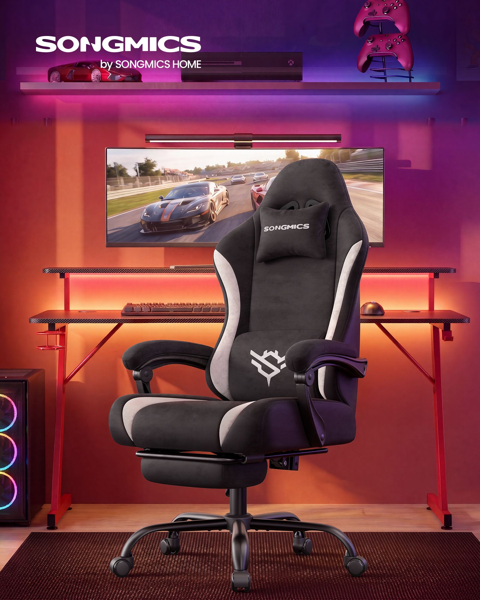 Ink Black and Cloud White Suede Gaming Chair with Footrest
