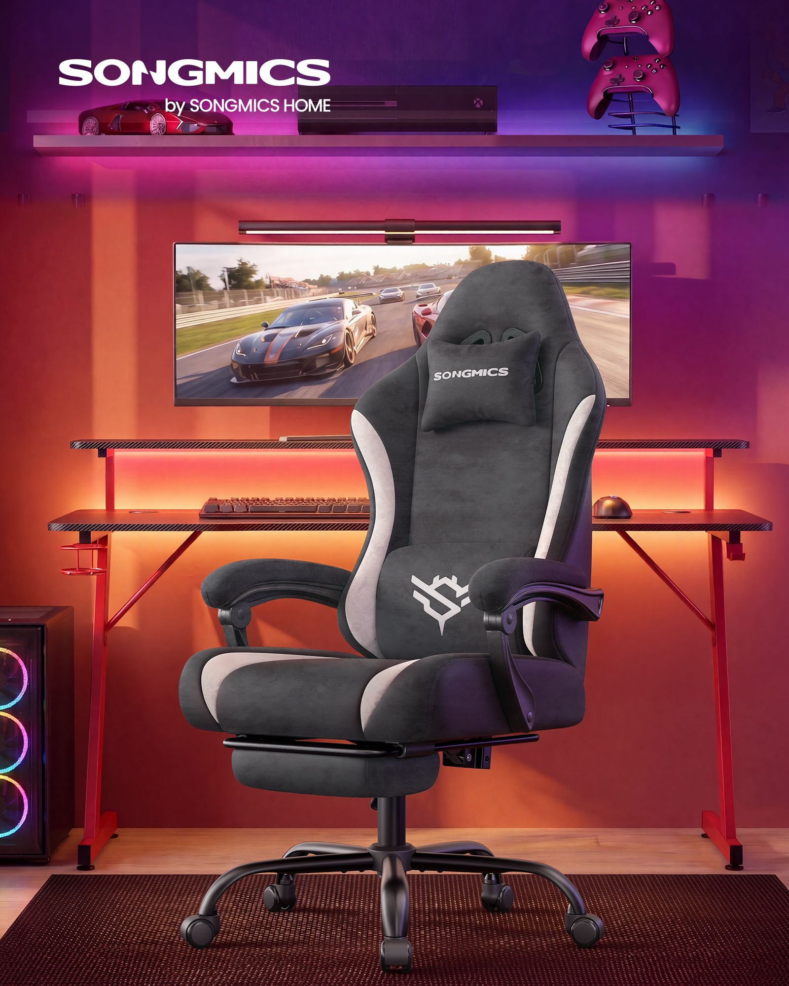 Dark Carbon Grey and Cloud White Suede Gaming Chair with Footrest