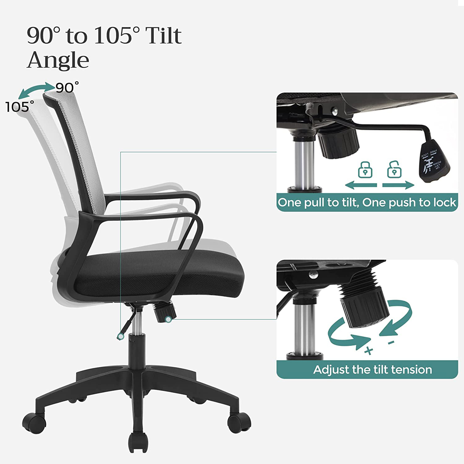 Grey Adjustable Swivel Chair on Wheels SONGMICS