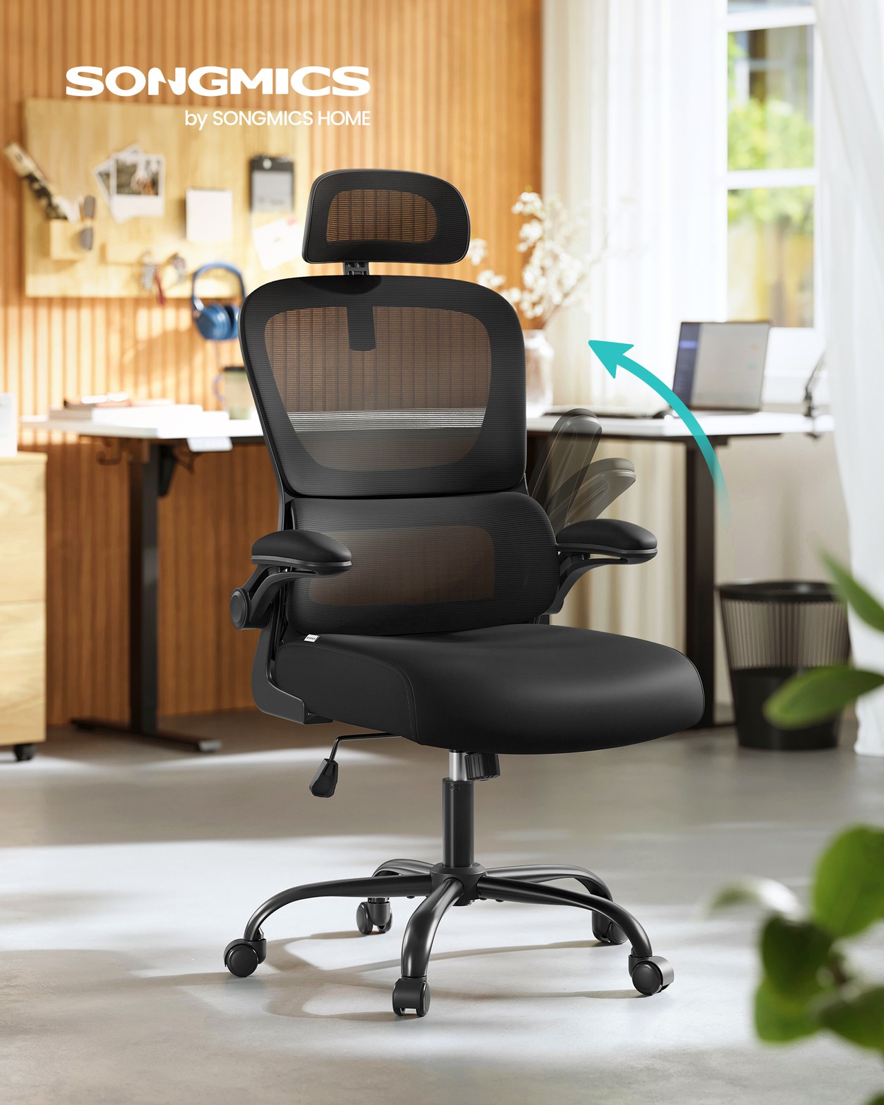 Office Chair, Ergonomic Mesh Chair for Desk, with Double-Layer Breathable Mesh Fabric, Dynamic Lumbar Support, Adjustable Headrest, for Home Office, Ink Black OBN041B01