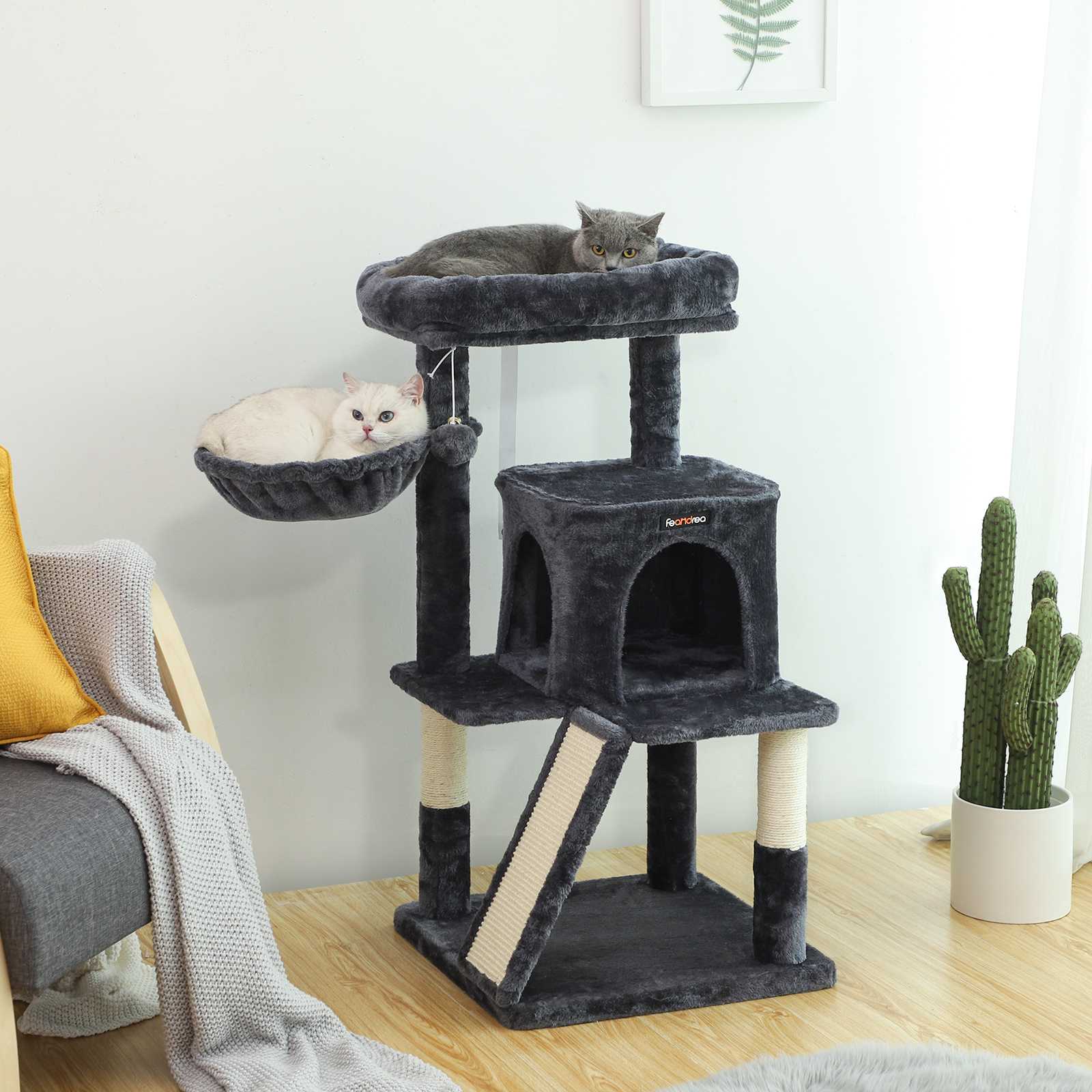 FEANDREA Cat Tree, Cat Tower with Large Perch, Scratching Board, Smoky Grey PCT51G