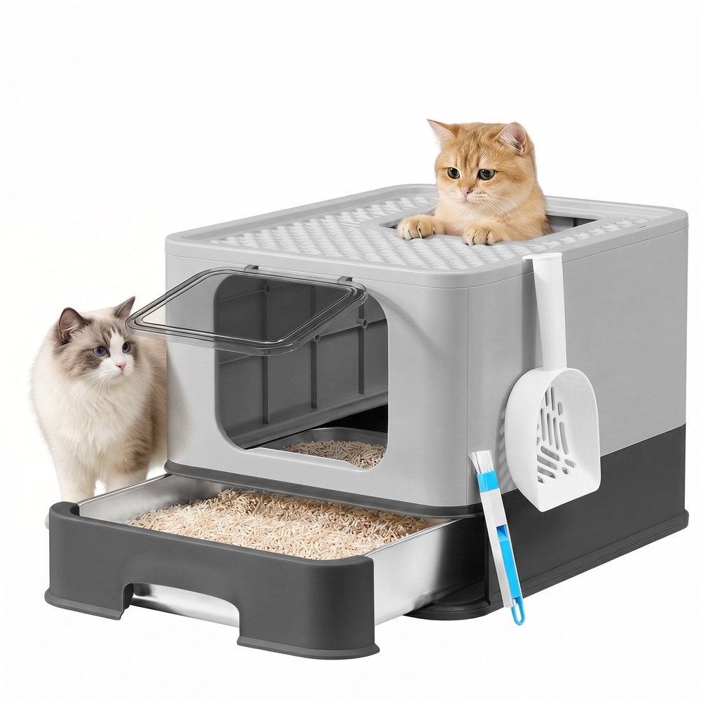 Steel Cat Litter Box with Pull-Out Drawer Ink Black