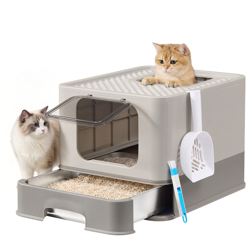 Steel Cat Litter Box with Pull-Out Drawer Grey Steel Cat Litter Box with Pull-Out Drawer Grey