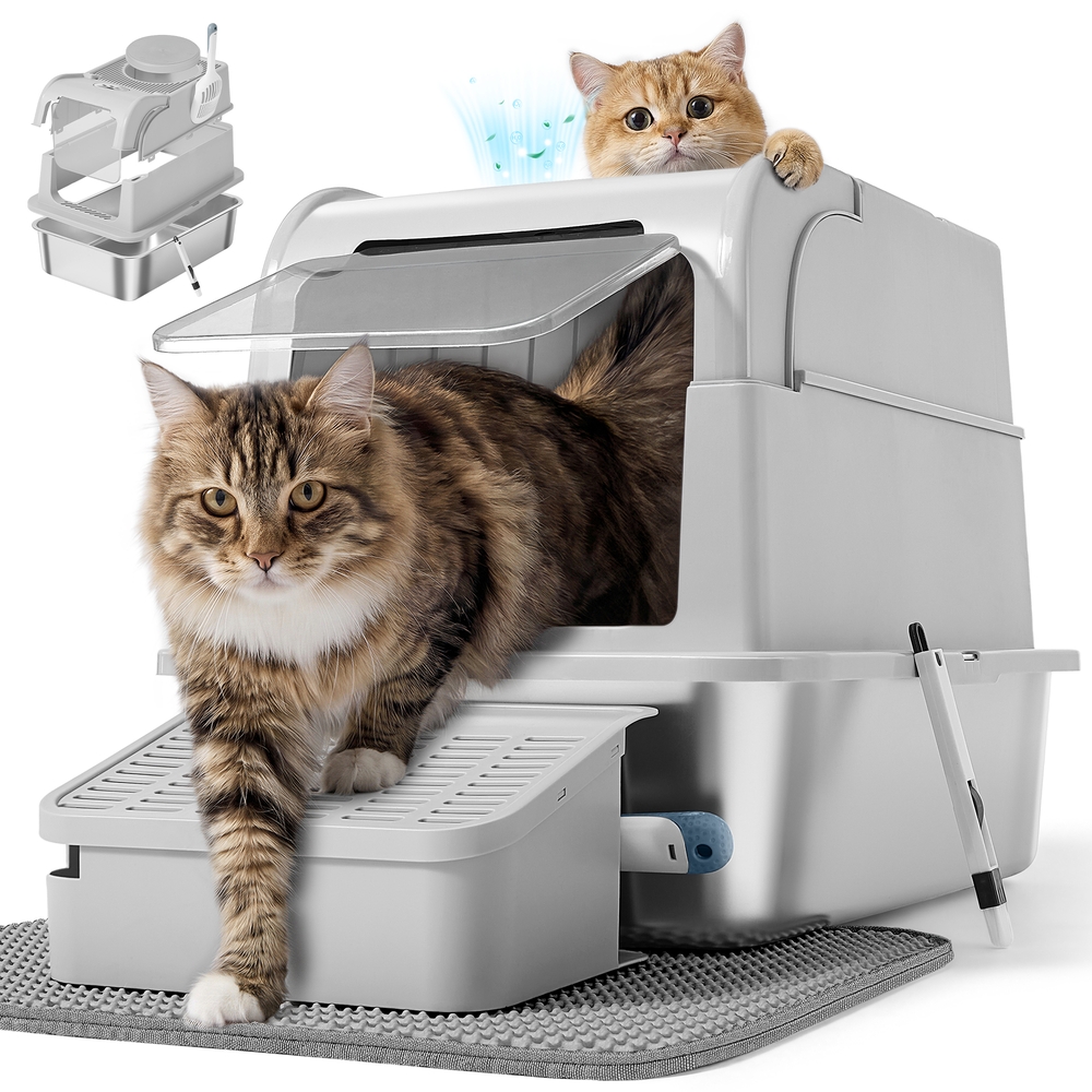 Enclosed Steel Cat Litter Box with Flip Lid Light Grey Enclosed Steel Cat Litter Box with Flip Lid Light Grey