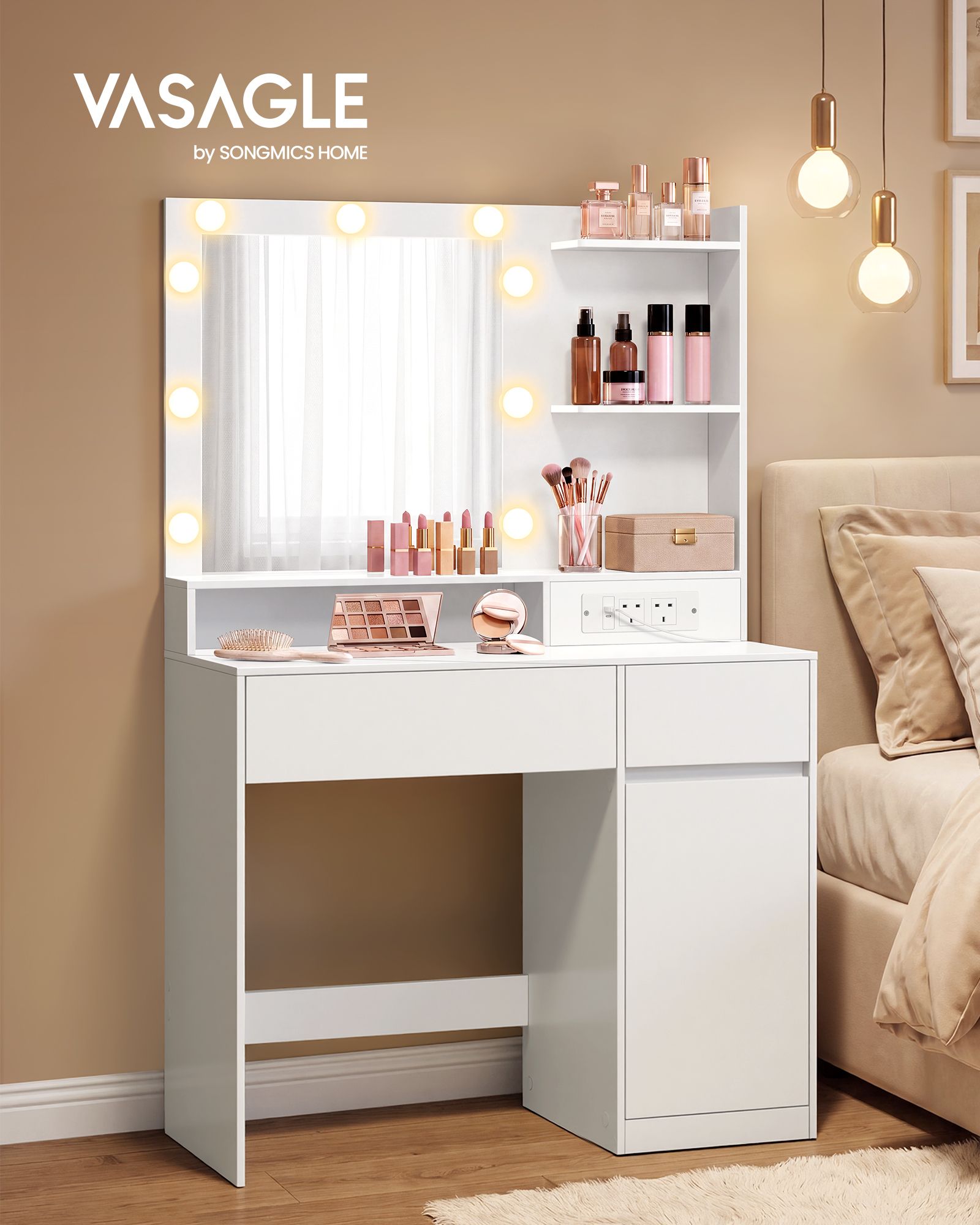 Vanity Table with Large Mirror Cabinet Drawers and Power Outlets
