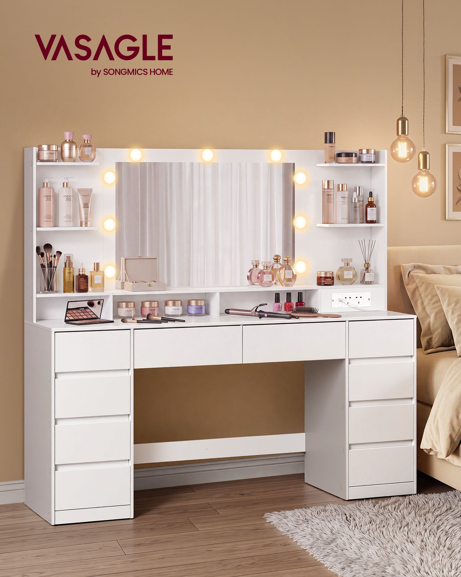 Dressing table with mirror lights 10 drawers and charging station cloud white Dressing table with mirror lights 10 drawers and charging station cloud white