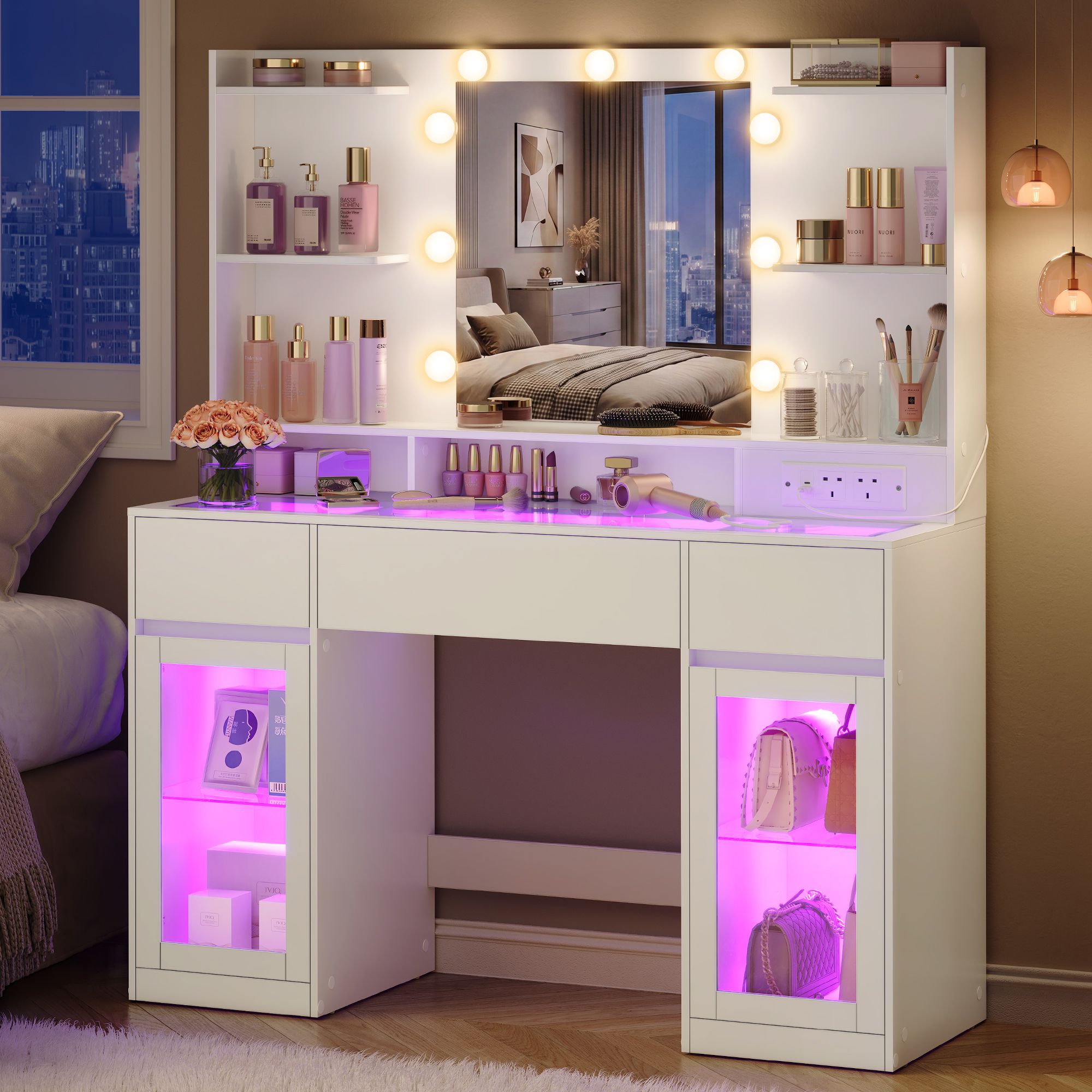 Cloud white dressing table with RGB lights and glass cabinet