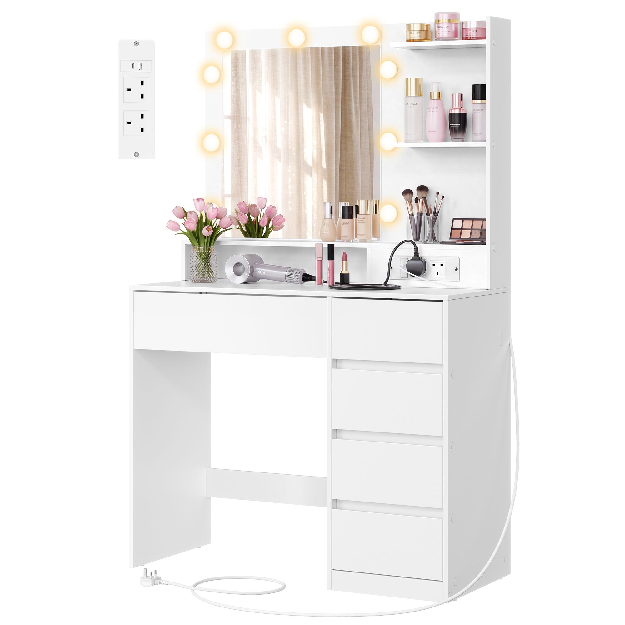 Cloud white vanity with five drawers and charging outlet