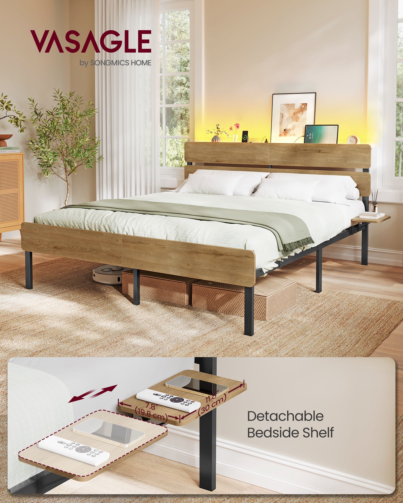 Natural brown bed frame with storage headboard, LED lights and under-bed storage