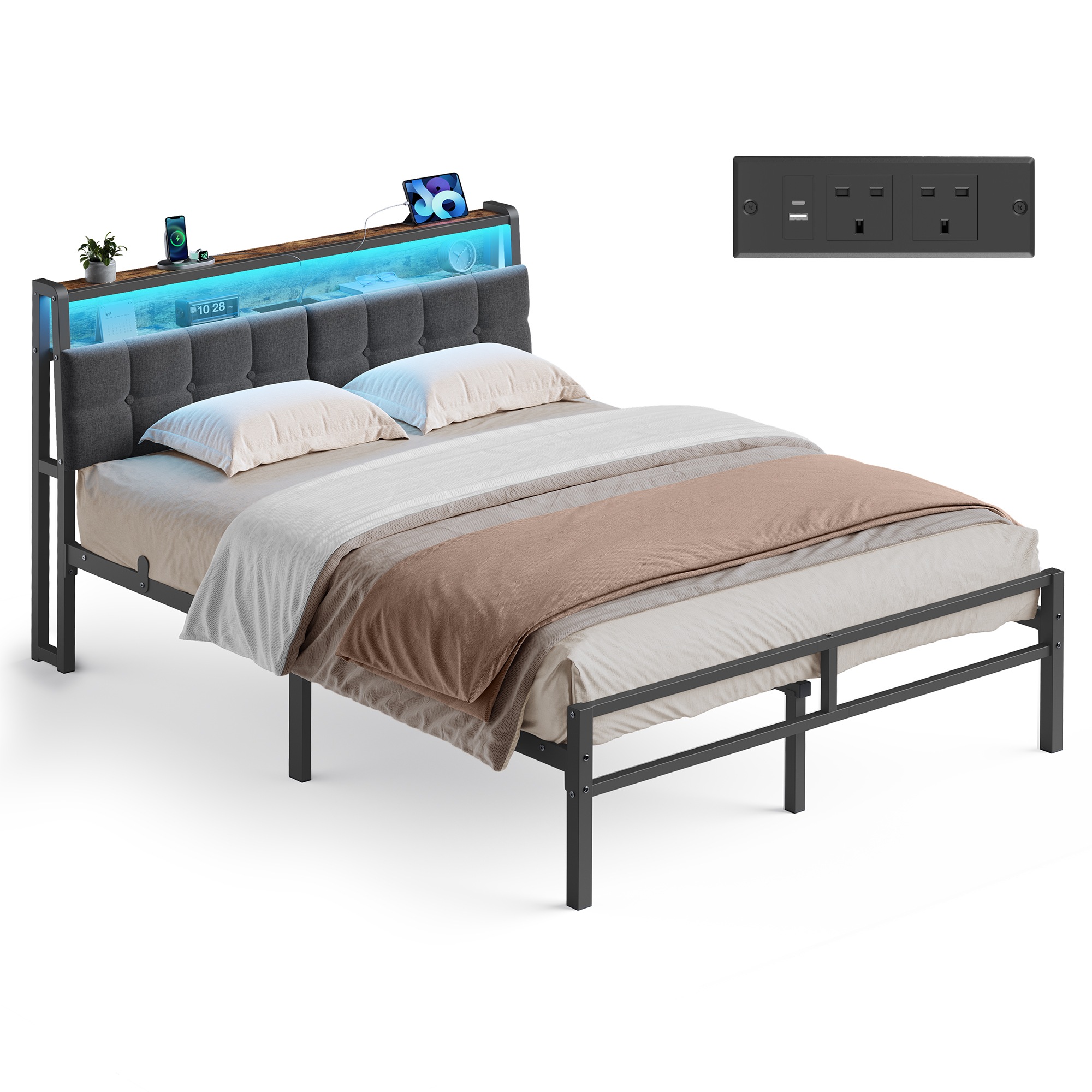 Metal Bed Frame with RGB LED and Charging Station