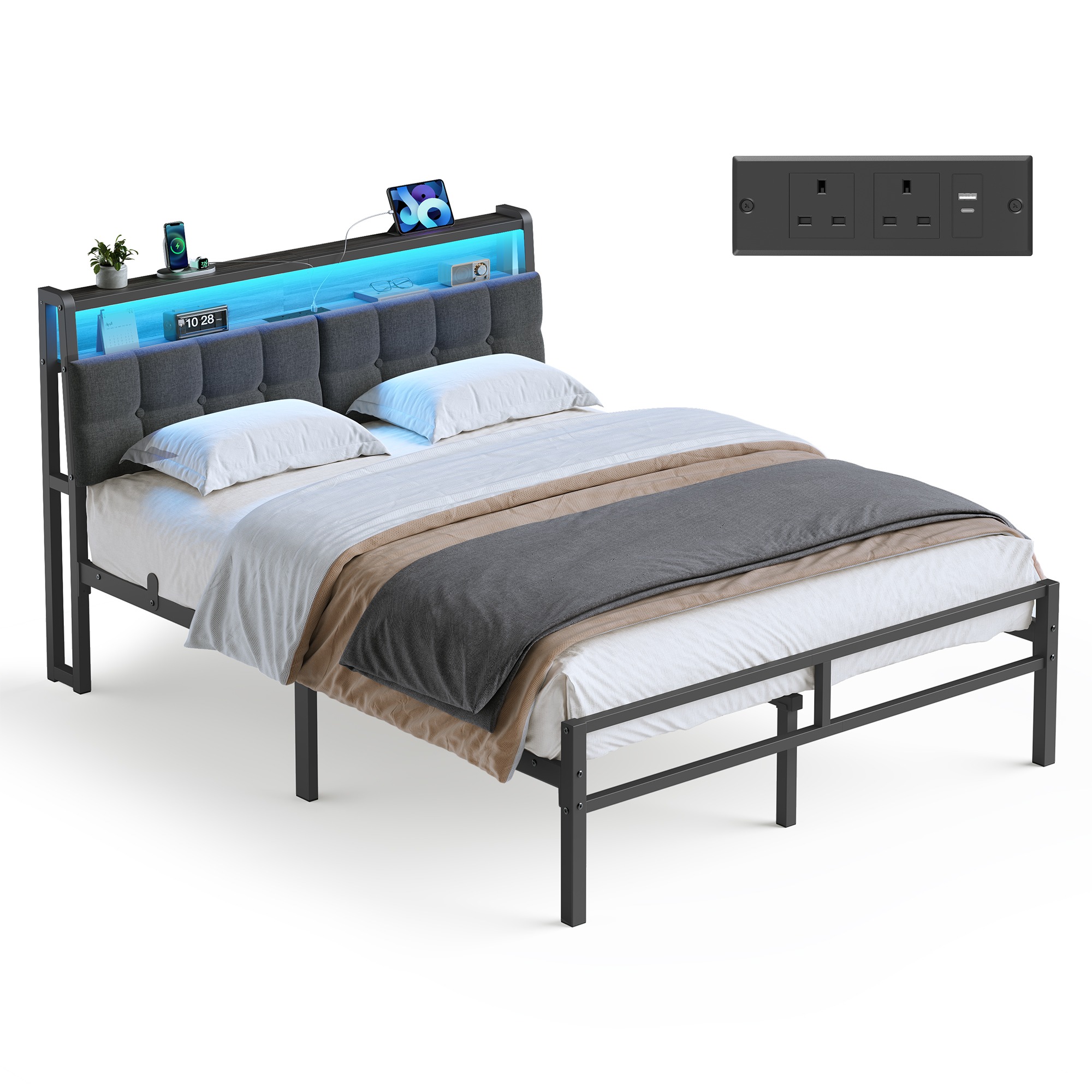 Metal Bed Frame with RGB LED and Charging Station