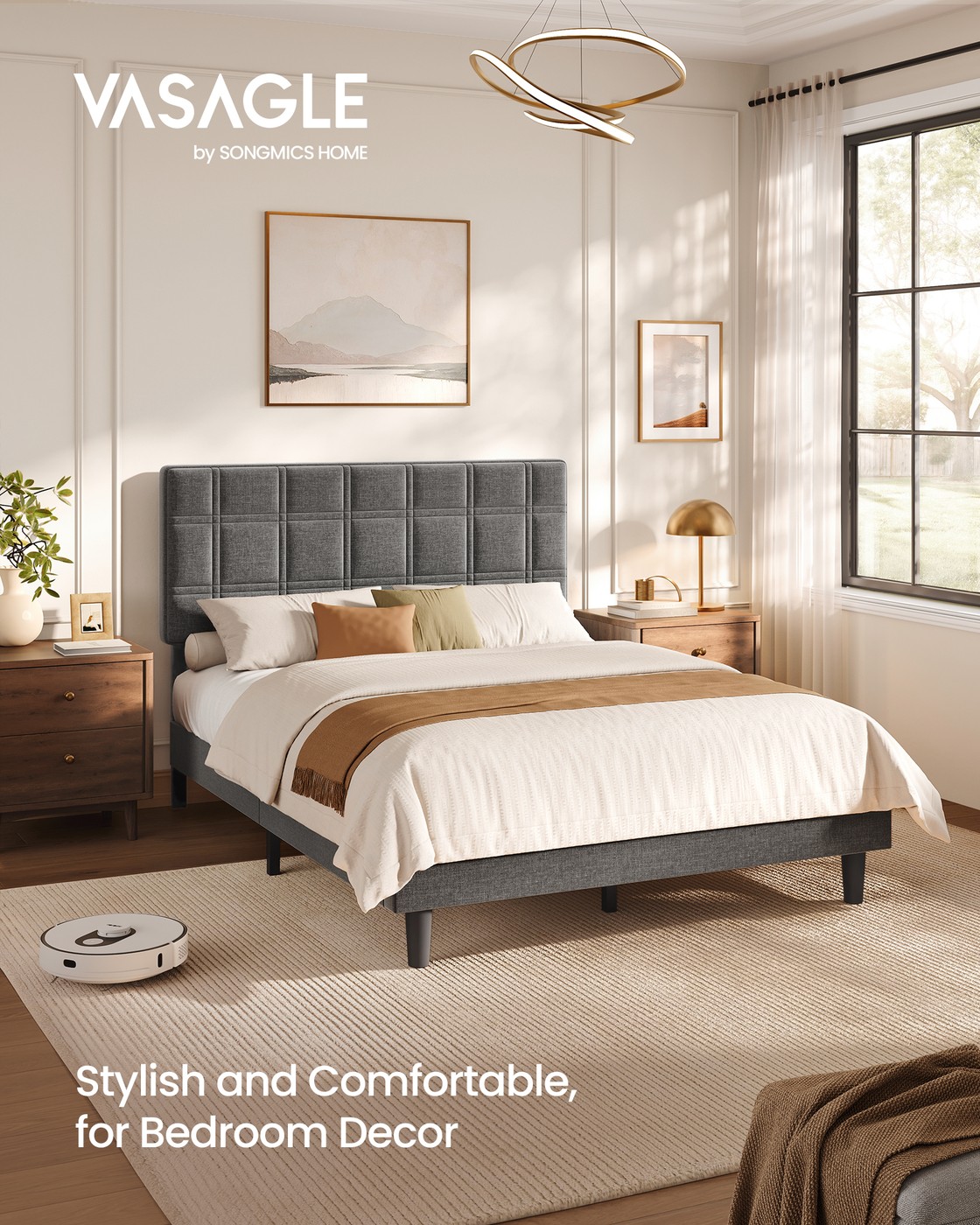 Slate grey upholstered double bed with adjustable headboard