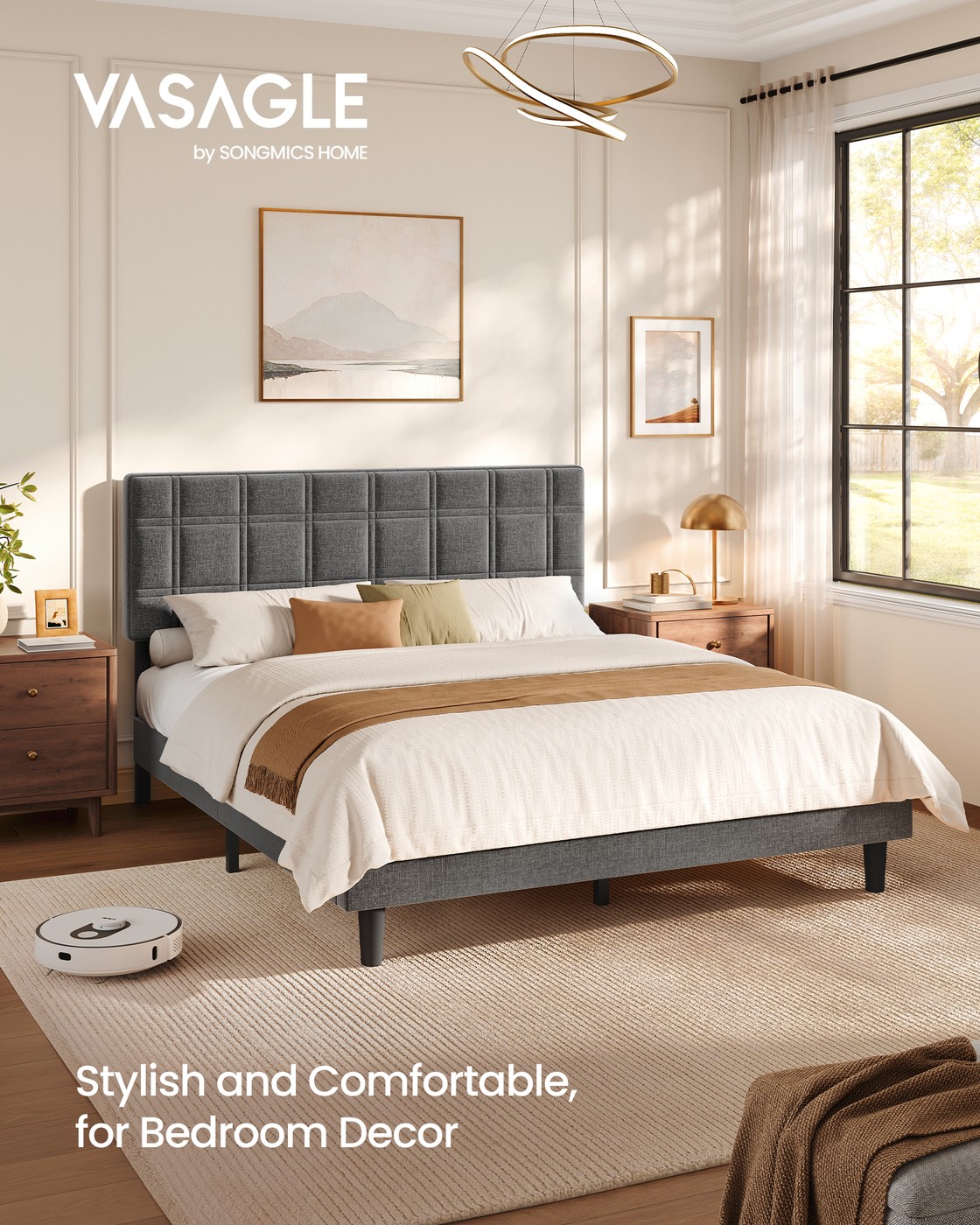 Slate grey upholstered double bed with adjustable headboard
