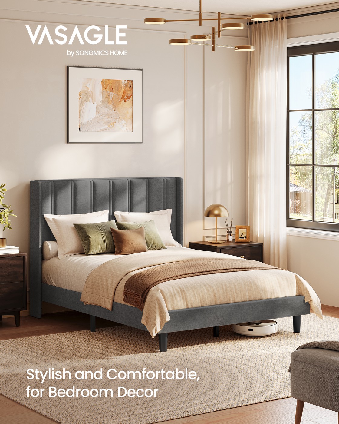 Slate grey double bed with headboard and quiet platform