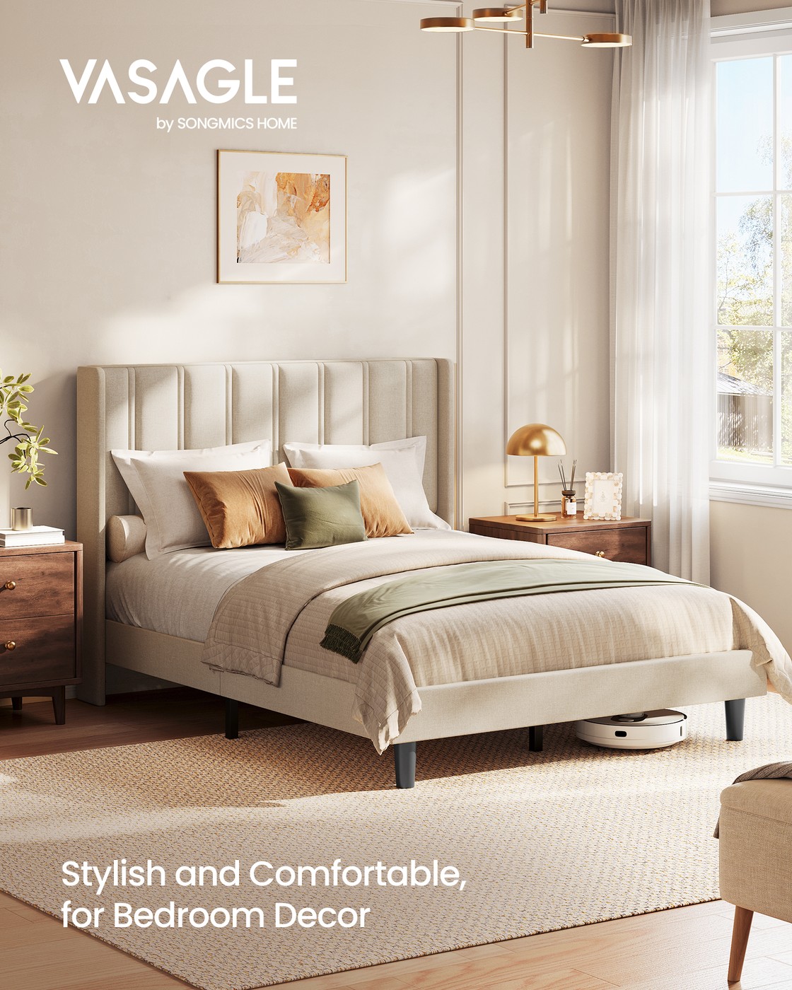 Cappuccino double bed with headboard and quiet platform