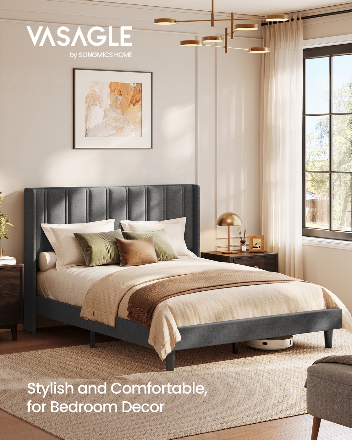 Slate grey king size upholstered platform bed frame with wingback headboard and under bed storage