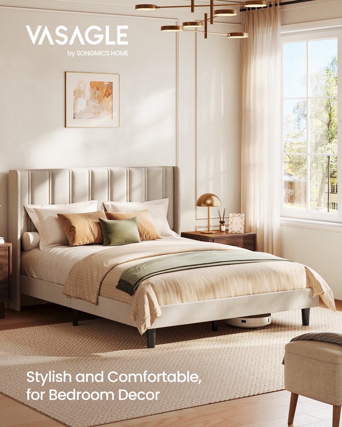 Cappuccino king size upholstered platform bed frame with wingback headboard and under bed storage