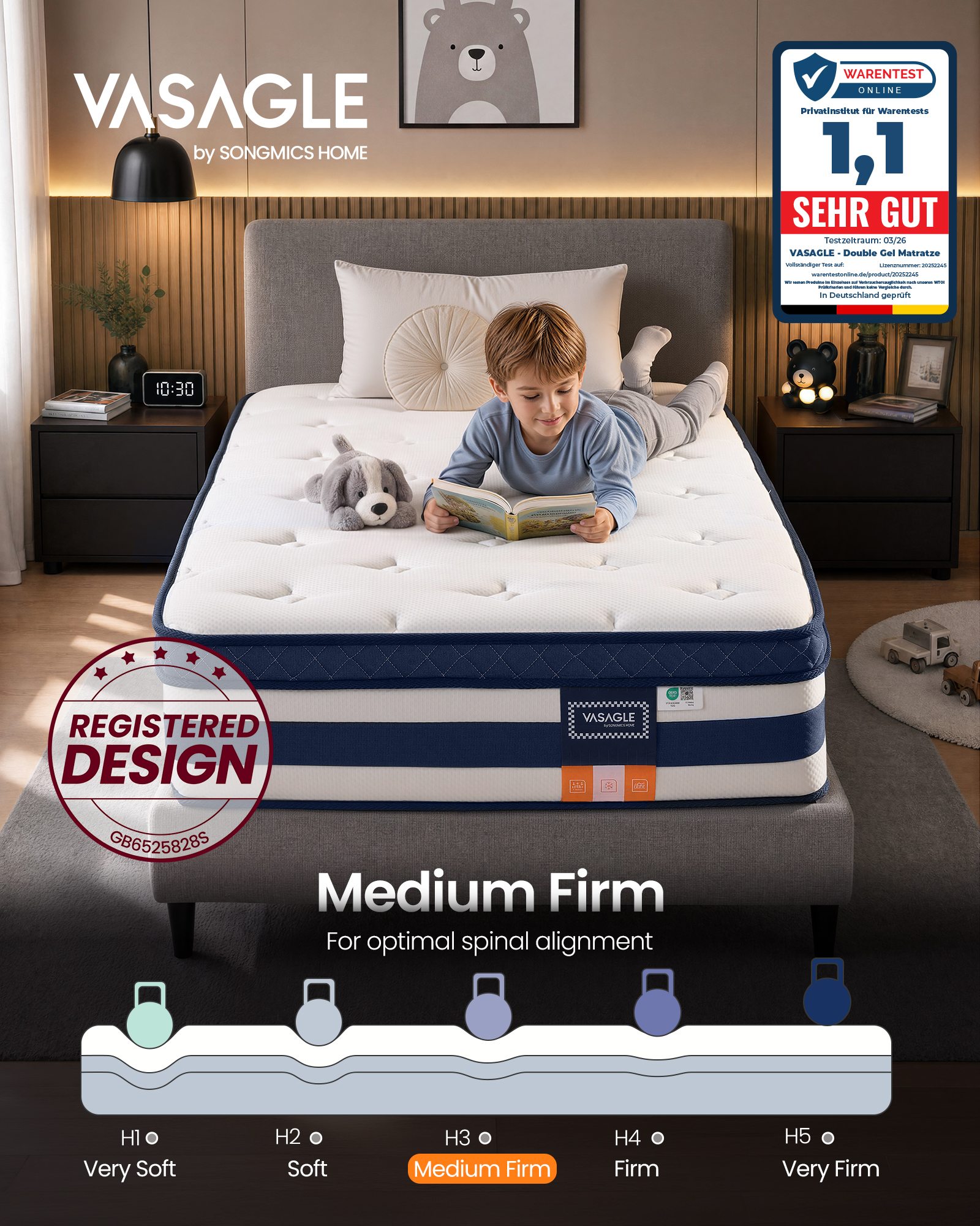 Pocket Sprung Mattress with Cooling Gel Memory Foam, H3 Medium Firm, 90 x 190 x 25 cm