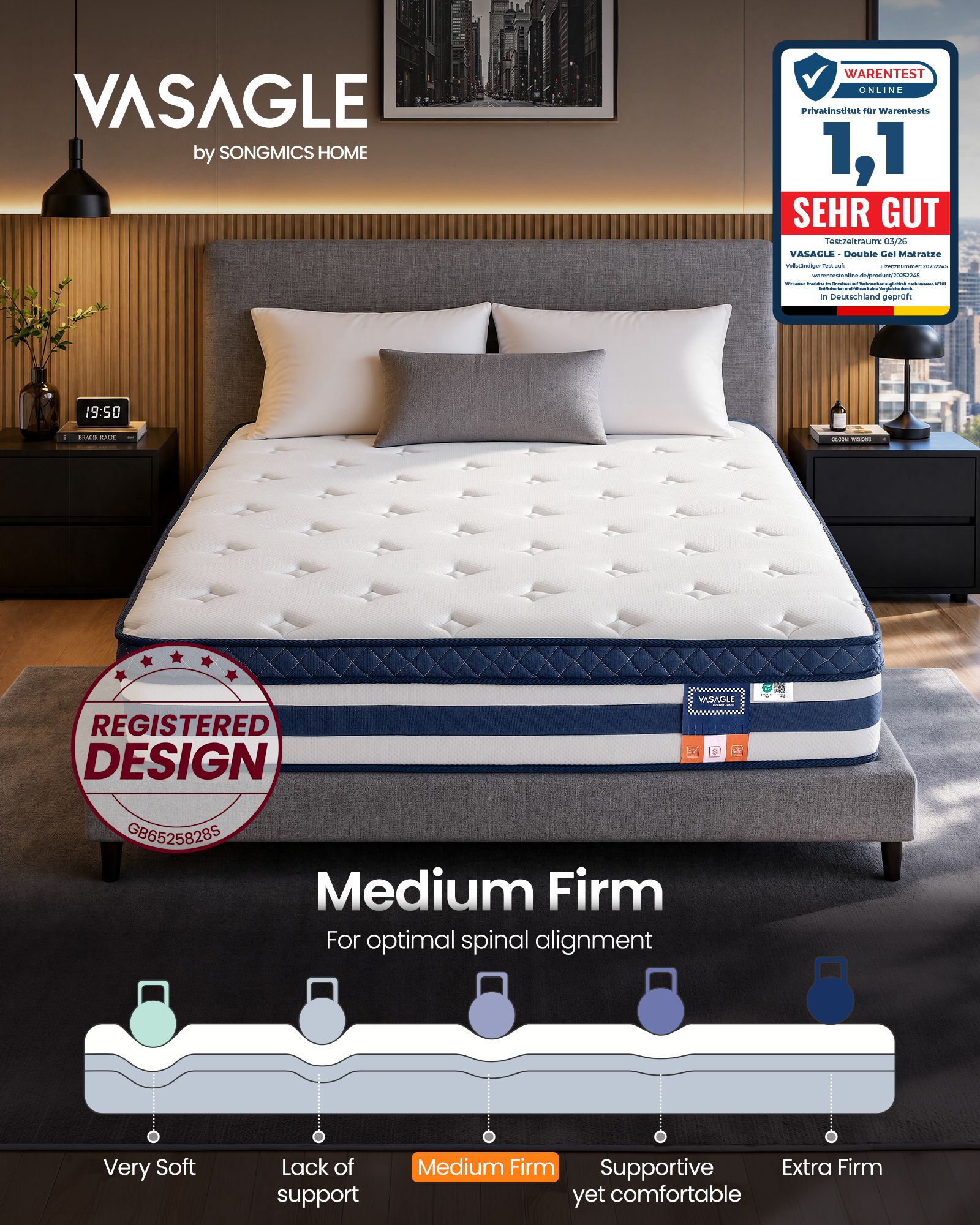 Pocket Sprung Mattress with Cooling Gel Memory Foam, H3 Medium Firm, 135 x 190 x 25 cm